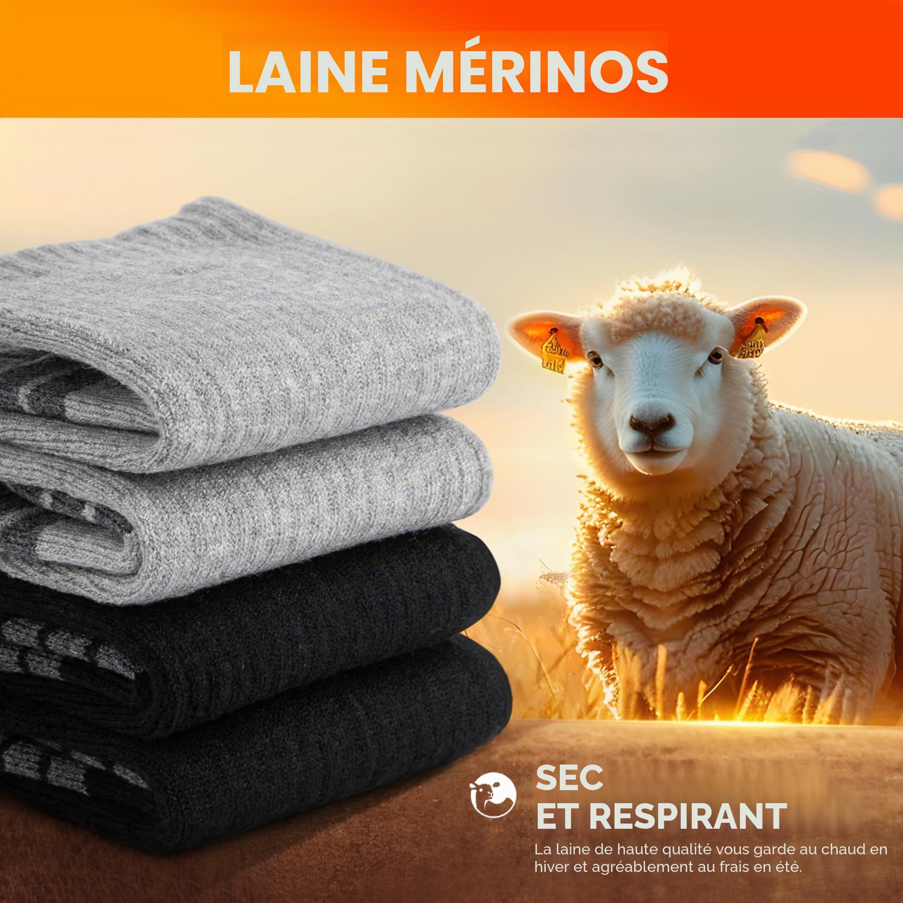 FALARY Chaussette Homme Femme,Chaussettes de Randonnée en Laine Mérinos,Chaussettes Hautes Homme Chaudes, AntidéRapante Respirant RandonnéE Chaussettes Trekking Hiver Sport 3 Paires