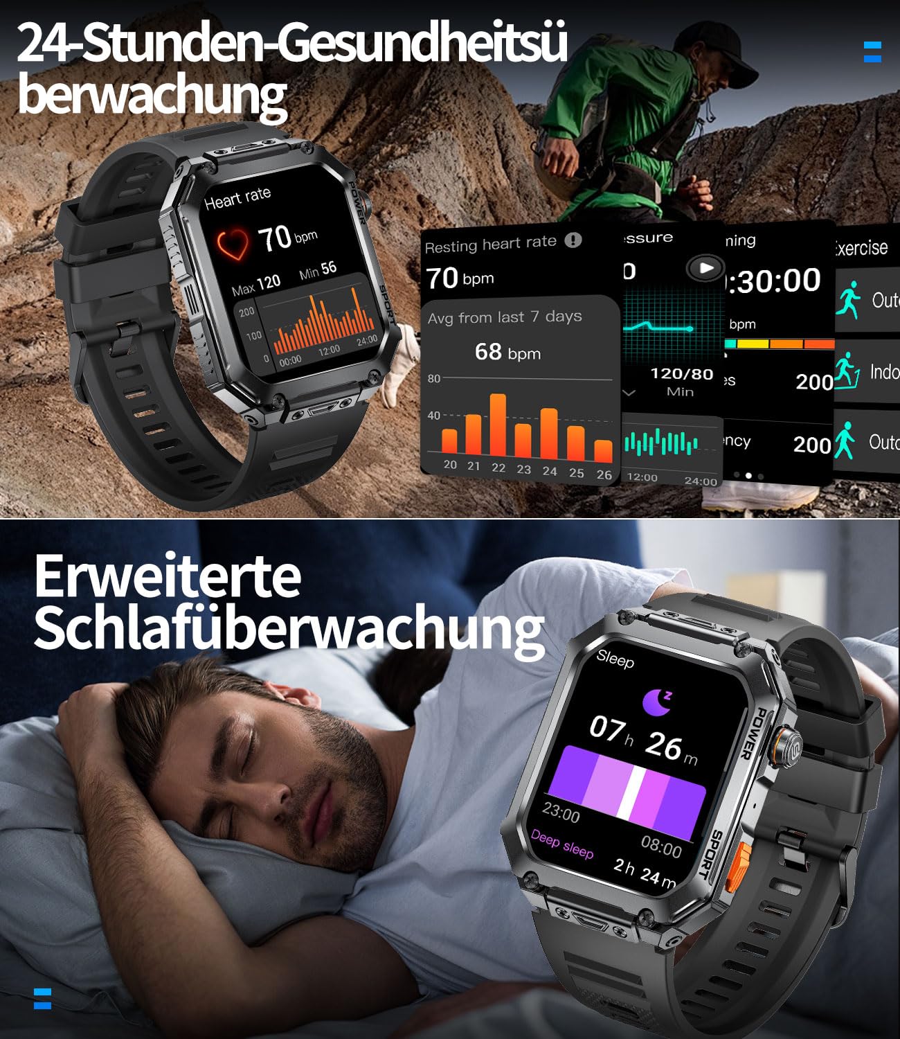 ESFOE Reloj Inteligente Hombre(3 Correas),1.96" Militar Smartwatch Hombre con Llamadas,5ATM Impermeable, 400mAh, 100+ Modos Deportivos/24H Pulsómetro/Sueño/Podómetro Pulsera Actividad Negro Metalizado