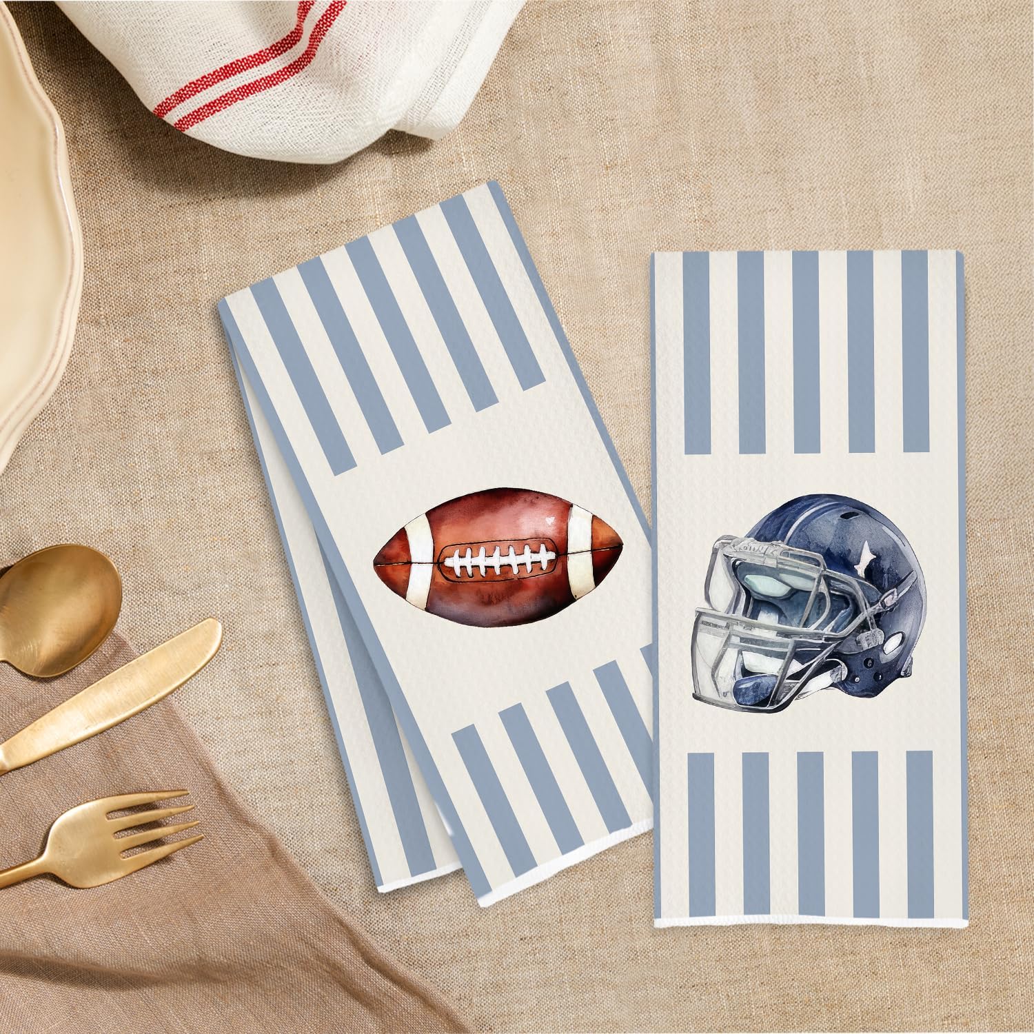Football Kitchen Towels, Gifts for Football Lovers Players Fans, Vintage Blue and Beige Striped Footballs Decorative Dish Tea Hand Towels for Kitchen Bathroom, 16x24 Inch Set of 2 - Image 2