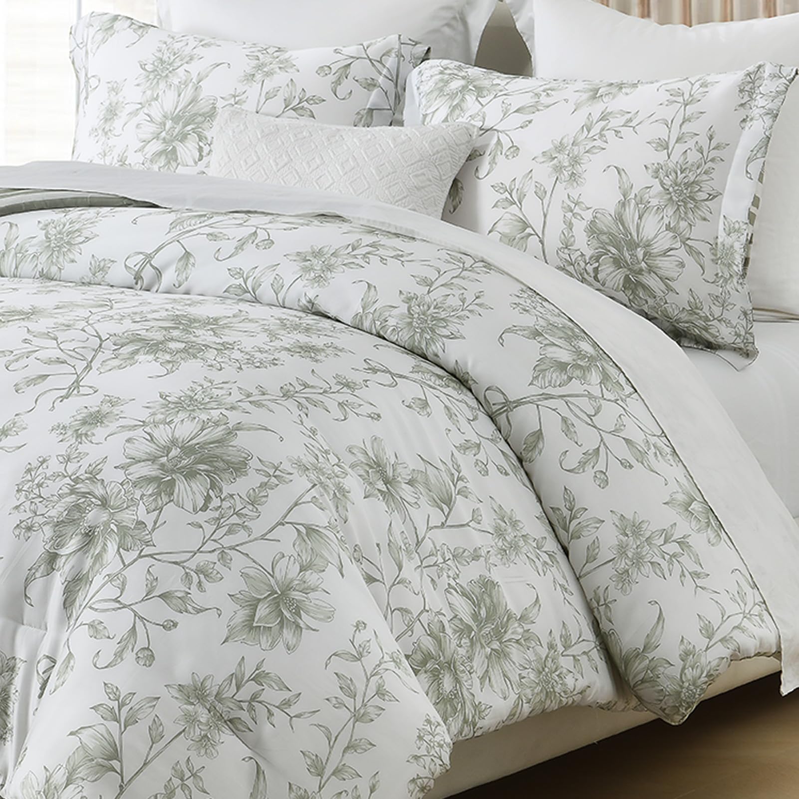 SahSahCasa King Size Comforter Set - Fluffy Bedding Set, 100% Cotton Comforter for King Bed, Reversible Botanical Floral Striped Pattern Quilted Lightweight Comforter, 104"x90",3pcs,Green