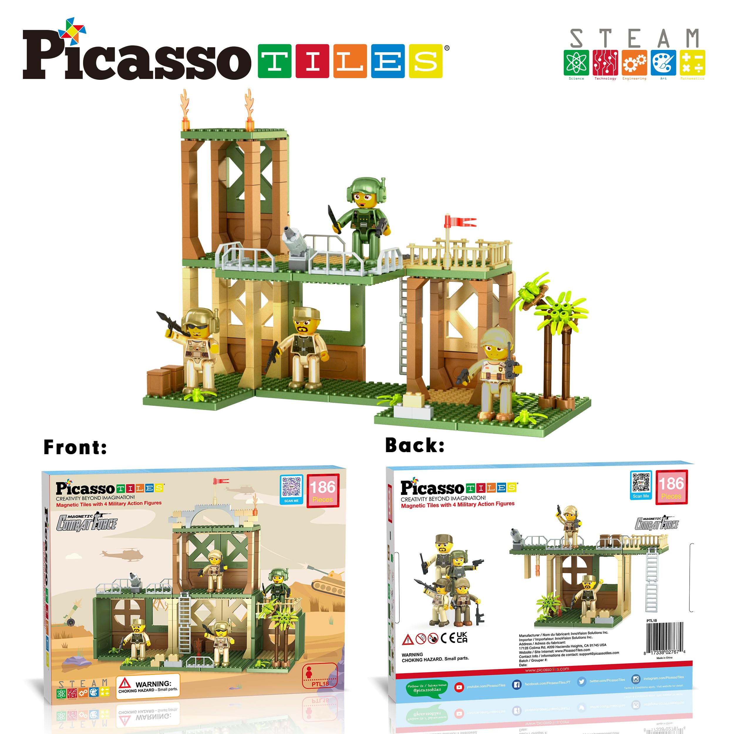 PicassoTiles Bloques de ladrillos de construcción de azulejos magnéticos con temática de fuerza de combate militar, juego de bloques de construcción, 4 figuras de acción de personajes con armas,