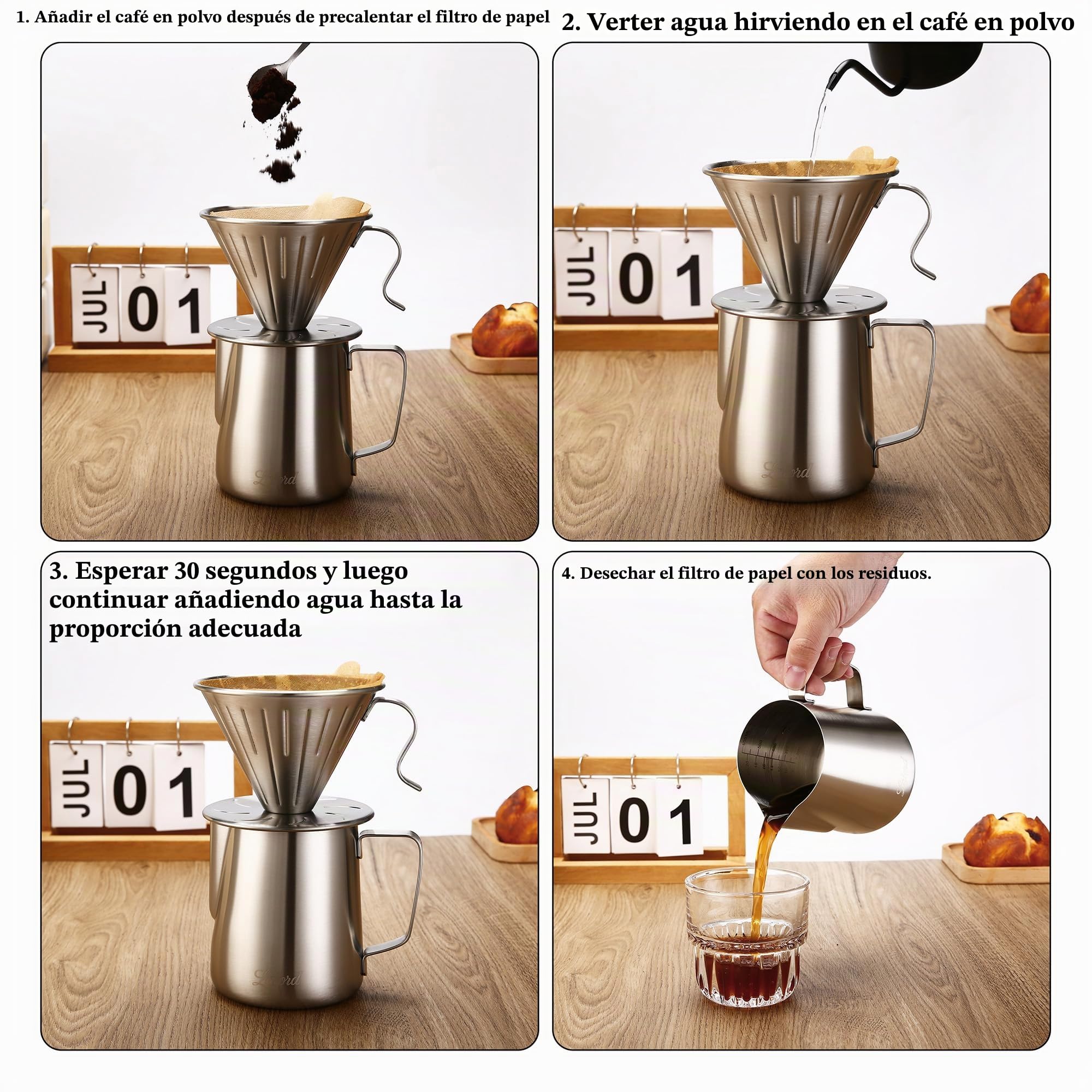 Lalord Cafetera de Acero Inoxidable 304 con 100 Filtros de Papel, Gotero de Café, 600 ml