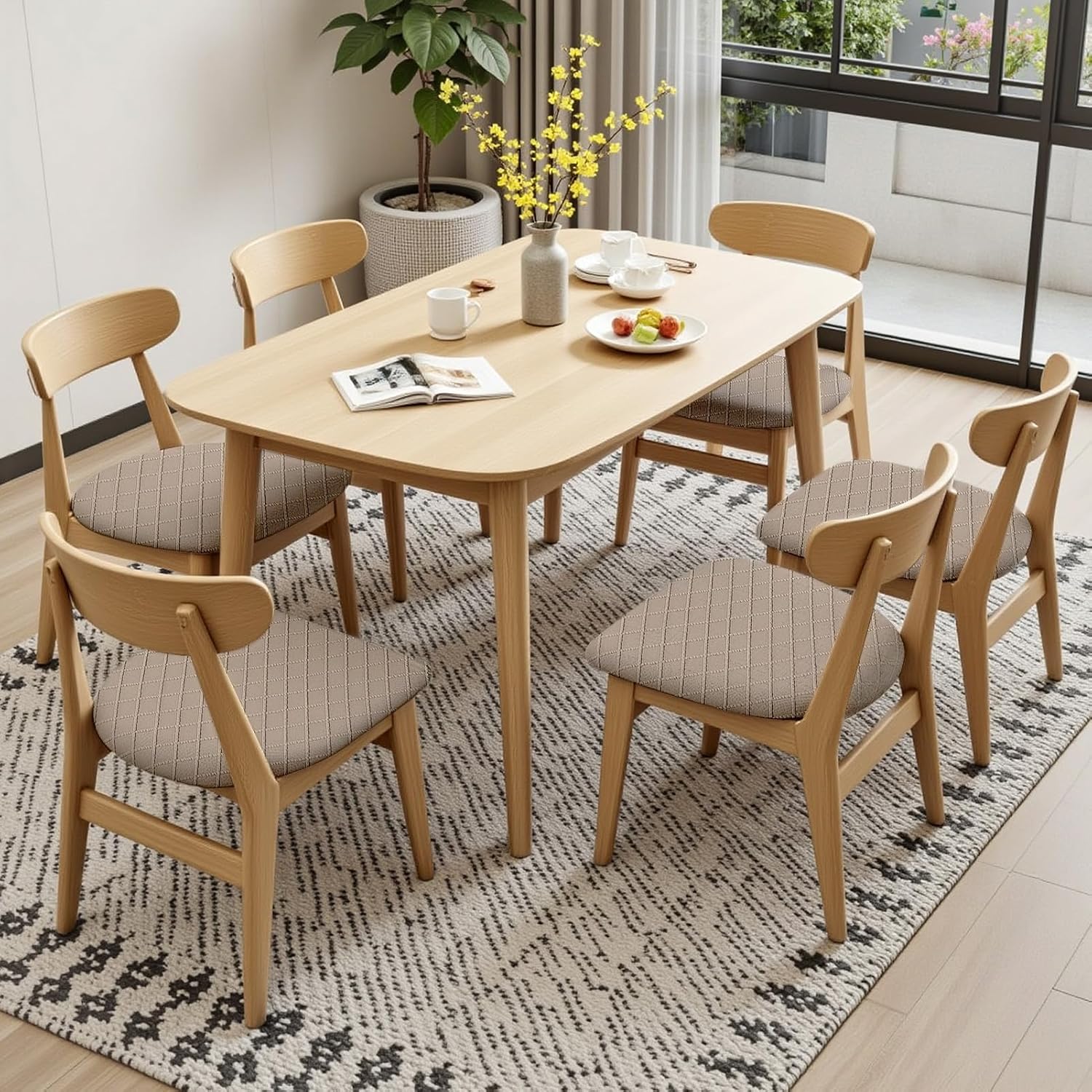 SearchI Seat Covers for Dining Room Chairs Stretch Jacquard Chair Seat Covers Set of 4, Removable Washable Upholstered Chair Seat Protector Cushion Slipcovers for Kitchen, Office(Khaki Rhombus) image 2