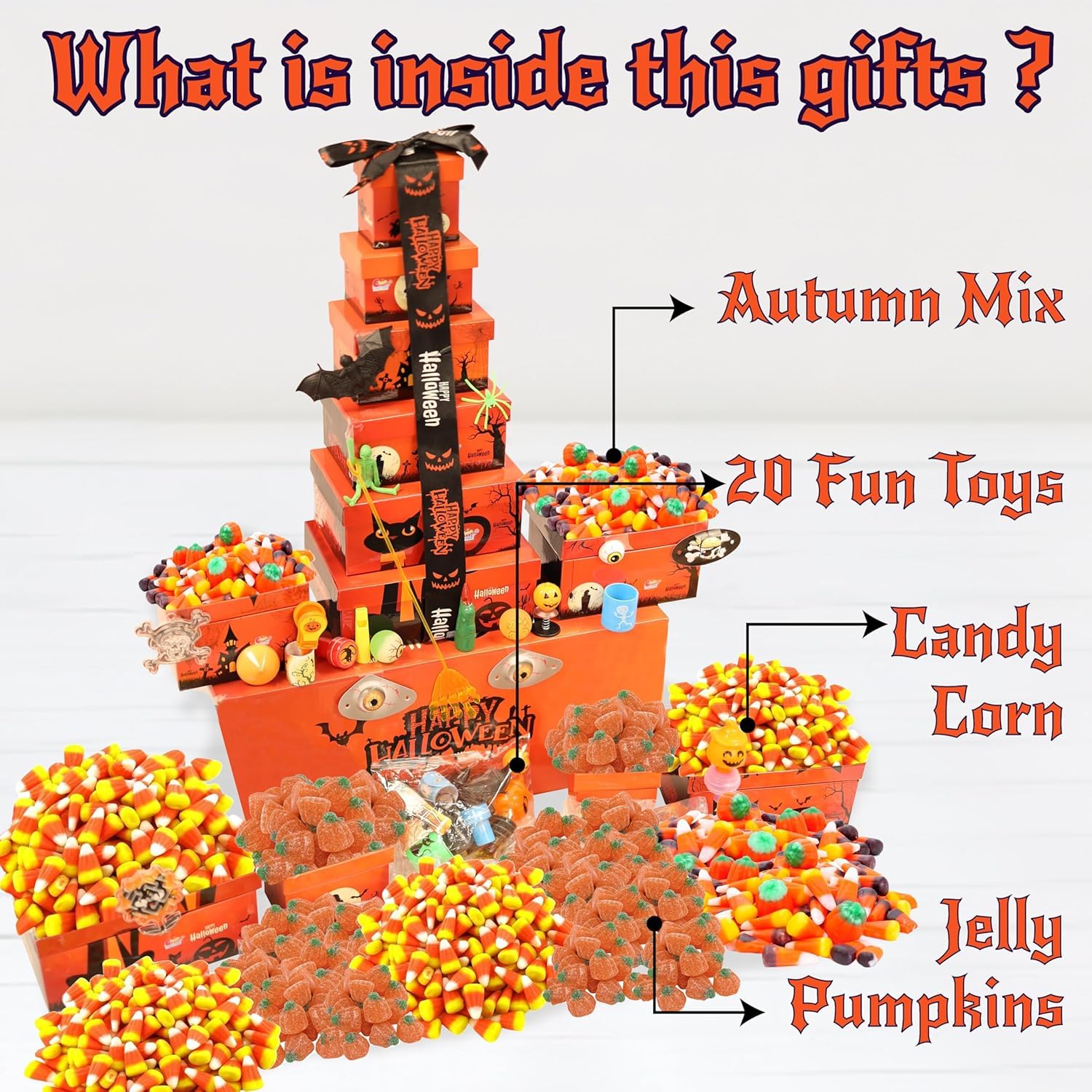 Sarah's Candy Factory Halloween Tower Box with Ribbon – 6 Tier Gift Box with Candy Corn, Autumn Mix, Indian Candy Corn, Jelly Pumpkins and 20 Fun Toys, Individually Wrapped Treat Packs