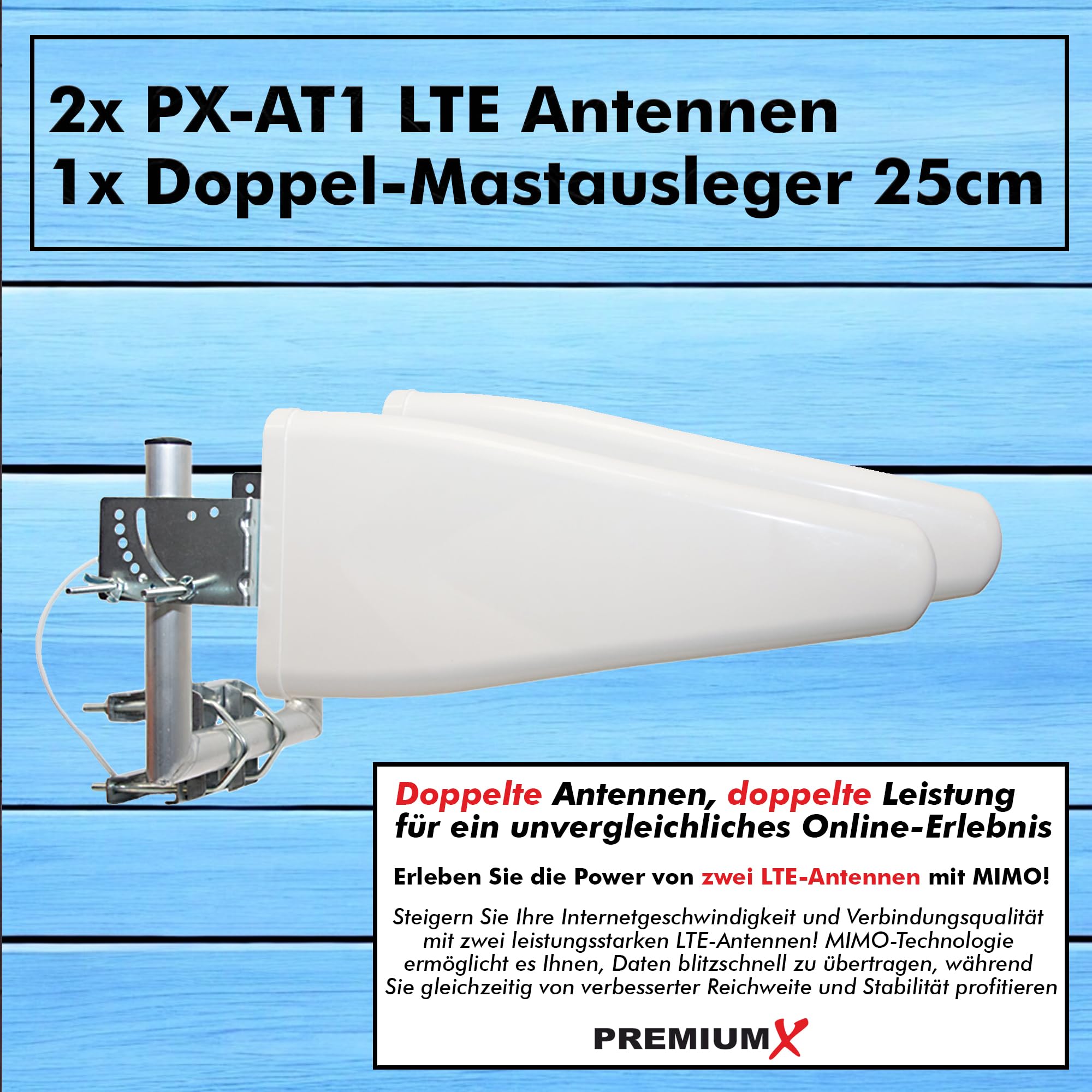 PremiumX LTE-Antenne Outdoor 3G 4G - 800-1800 - 2600 MHz - LTE MiMo Duo-Richtantenne 10m Kabel - Hotspot Mobilfunk Vodafone Telekom Modem Router WLAN Außenantenne bis 12 dBi inkl. U-Mastausleger