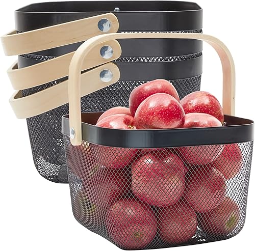 Miniatura 10 de Juvale Cesta de frutas cuadrada de malla metálica con mango de madera para cocina, almacenamiento y organización de despensa (9.5 x 7 pulgadas,
