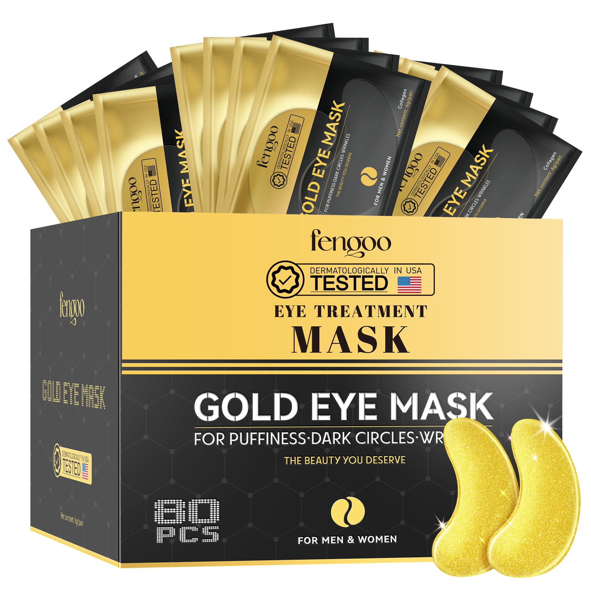 FENGOO 80 PCS 24K Gold Collagen Under Eye Patches & Smile Line Patches | Sodium Hyaluronate & Cica, Plump & Smooth-Looking Under Eyes, Ideal for Late Nights and Screen Time