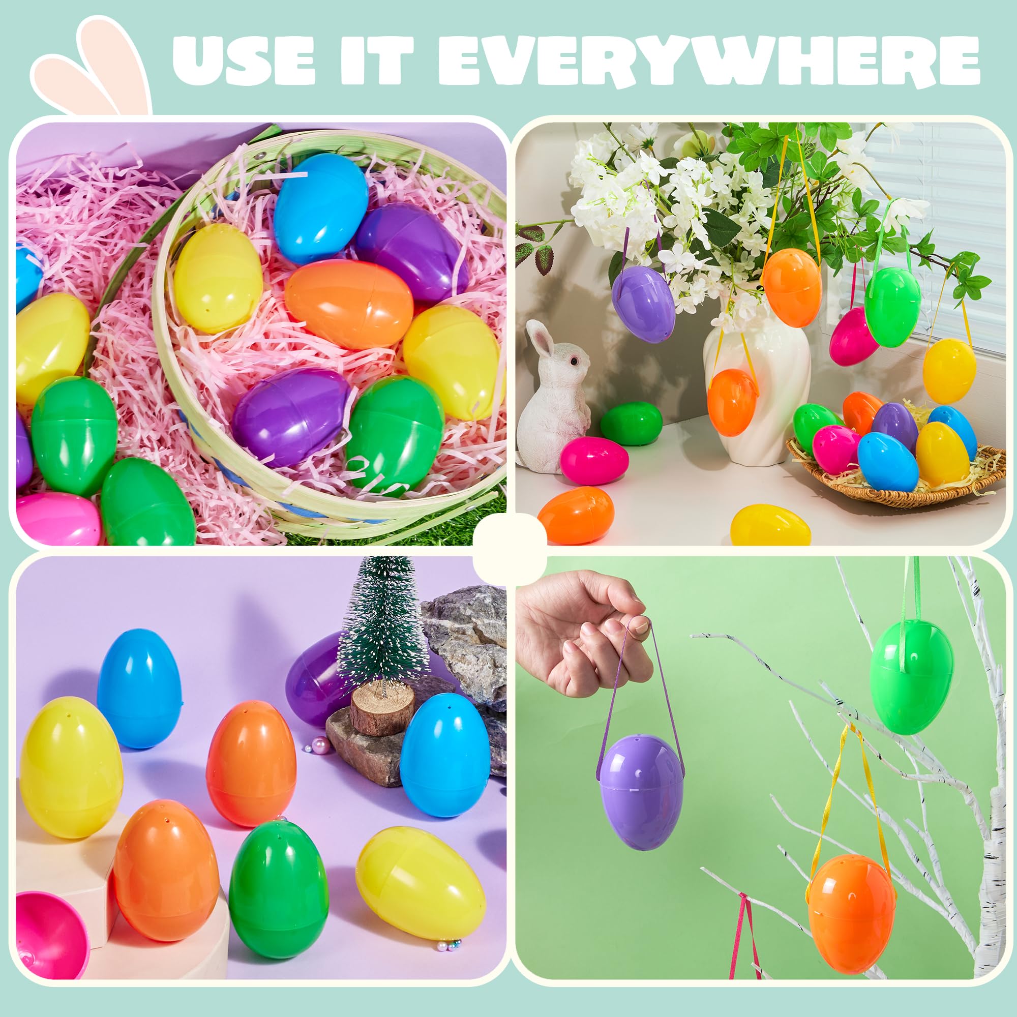 JOYIN 36 uova di Pasqua da 8 cm con nastro per appenderle, uova di plastica colorate vuote riempibili, gusci d'uovo luminosi per caccia di Pasqua, riempimenti per cesti, decorazioni per albero da