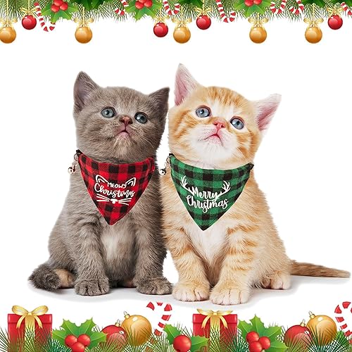 Miniatura 2 de ADOGGYGO - Collares de Navidad para gatos con campana, desmontables, paquete de 2, collares ajustables de Navidad a cuadros rojo y verde para gatos