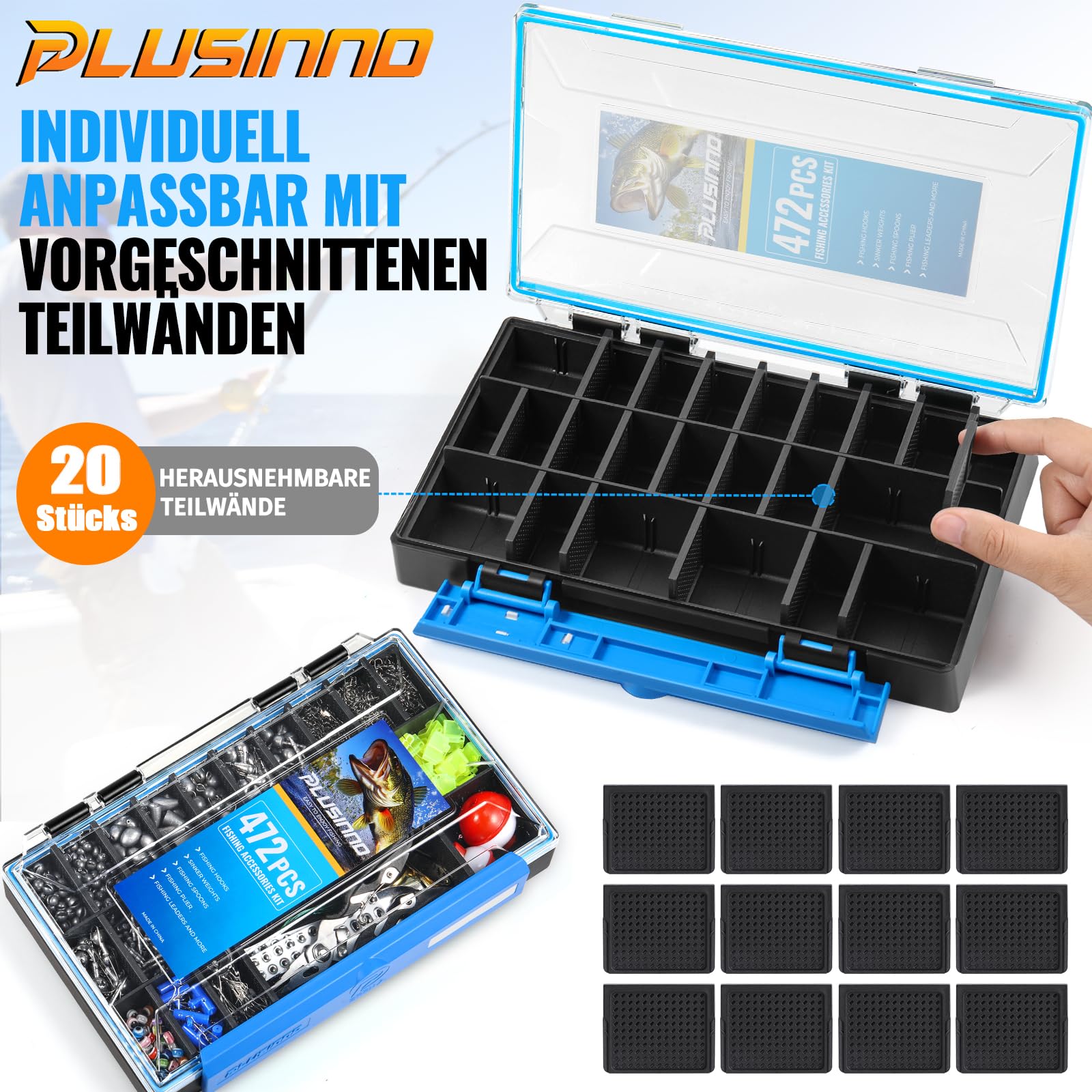 PLUSINNO 472-teiliges Angelzubehör-Set, wasserdichte Angelbox mit Zubehör, Angelgeschenk für Männer inklusive Haken, Gewichten, Zangen, Angelgerät und Ausrüstung für Barsch und Forelle
