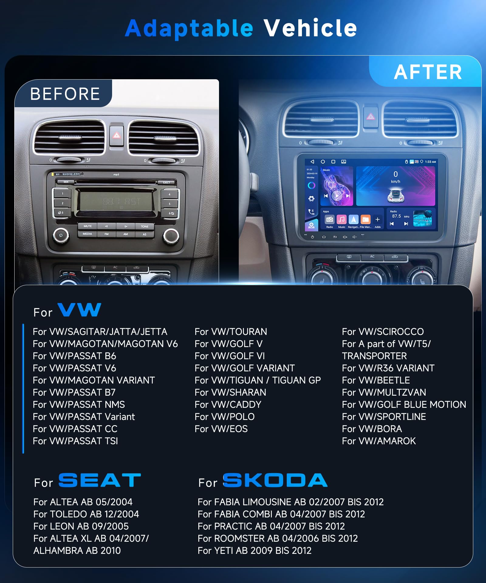 4G+64G Autoradio pour VW Golf 5 6 Passat Jetta Caddy EOS T5 Tiguan Touran CC Polo avec CarPlay Android Auto sans Fil, Écran Tactile HD 9'' Autoradio Android 13, GPS Wi-FI USB Bluetooth FM RDS Caméra
