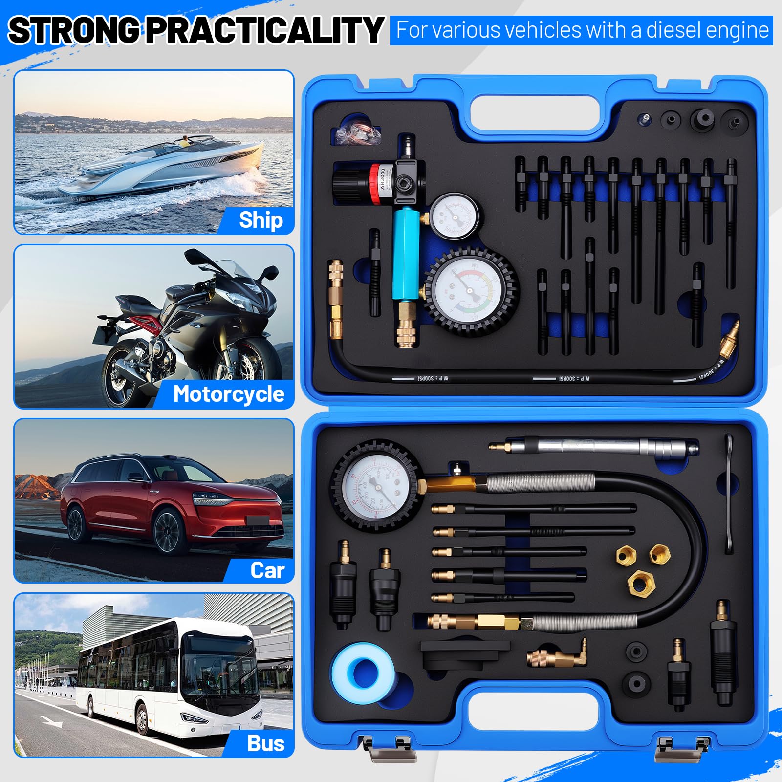 KAOLALI 46Pcs Comprobador de Compresión, Comprobador de Pérdida de Presión, 0-725 PSI, Comprobador de Motores para Motores Diésel y Gasolina HDi, Autos y Camiones, M24, M22, M20, M14, M12, M10, M8