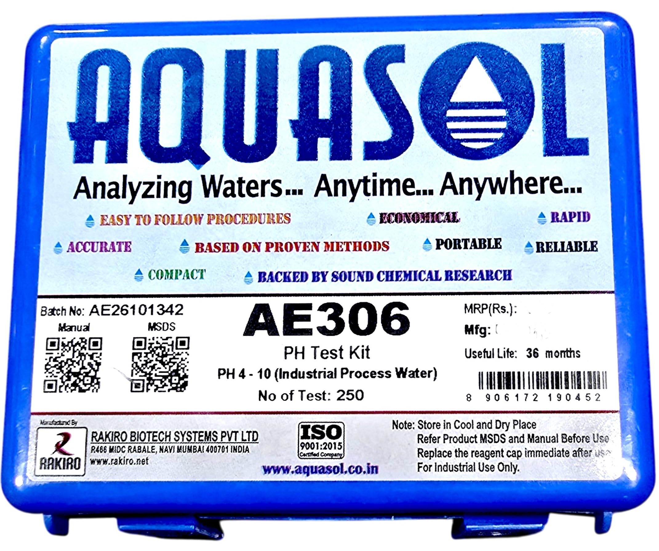 aquasol ae306 ph test kit/portable field kit for water & wastewater, drinking water, boiler, cooling, industrial, aquaculture, agriculture ph 4-10, no of test 250 tests