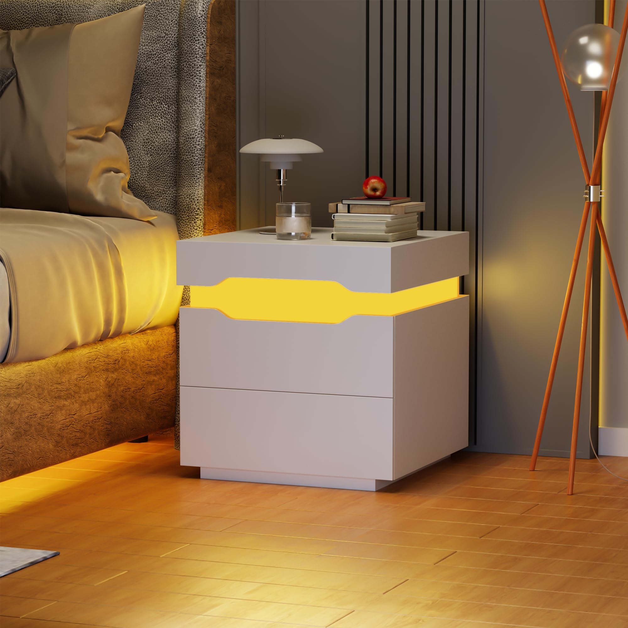 Flamaker LED Nightstand with Charging Station, End Table with 2 Drawer Storage Cabinet, Bedside Table with Sliding Top for Bedroom and Living Room (White)
