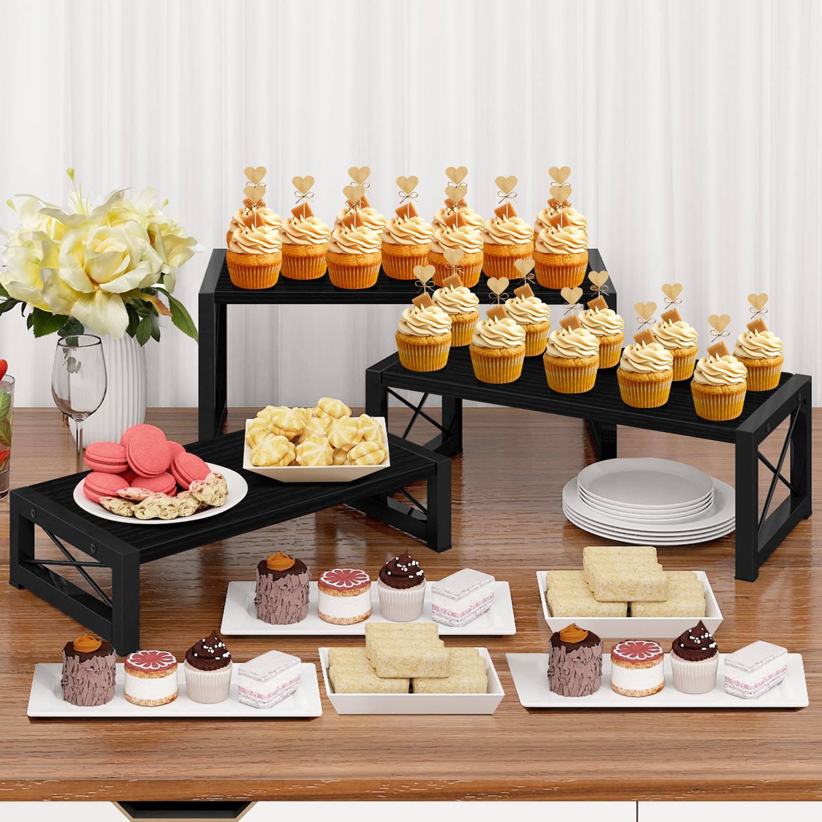 ELITEROO Soporte de exhibición de 3 niveles para cupcakes y postres de madera, color negro, elevador de varios niveles para cupcakes, alimentos, perfume, maquillaje, muñecas, coleccionables y