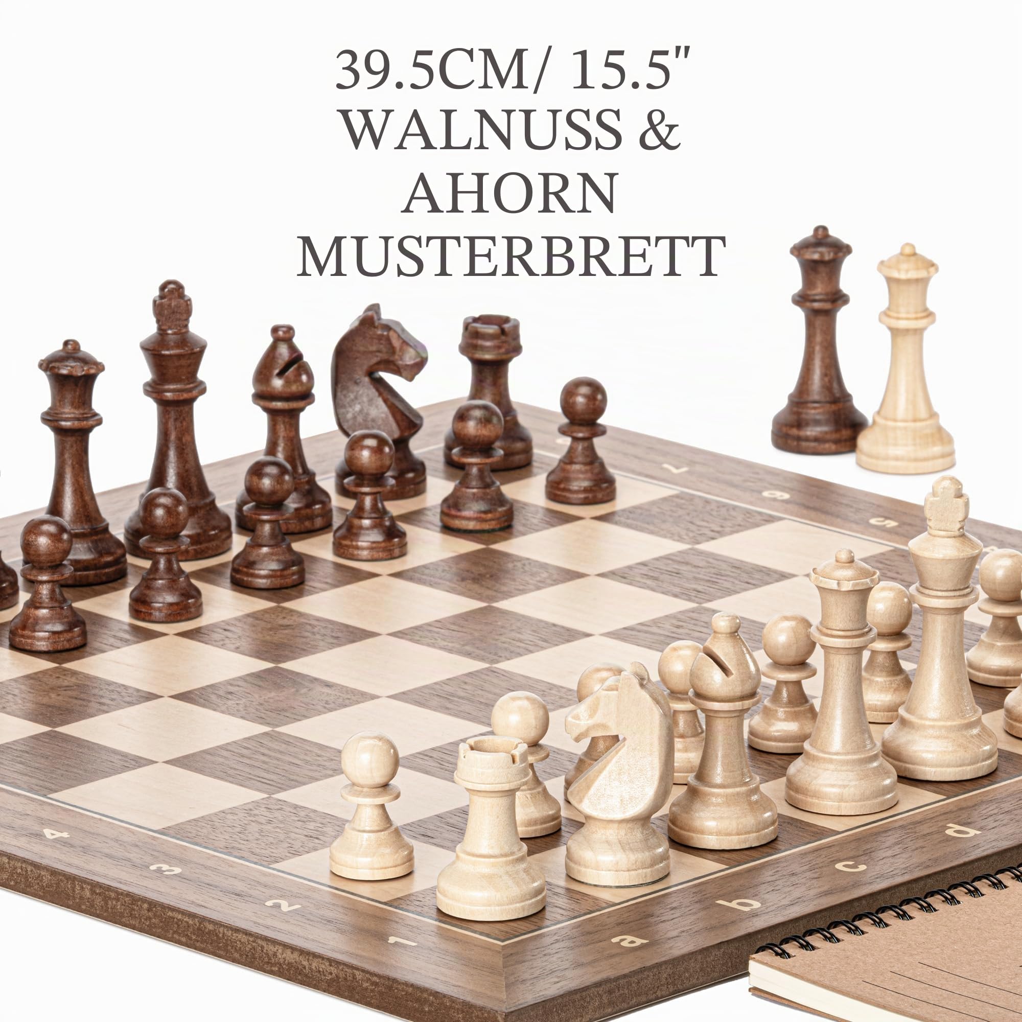 A&A Professionelles Holzschach set, 39,4 cm Holzbrett mit 7,6 cm gewichteten Holzschachfiguren (2 zusätzliche Damen), Schachzählheft und Aufbewahrungstasche
