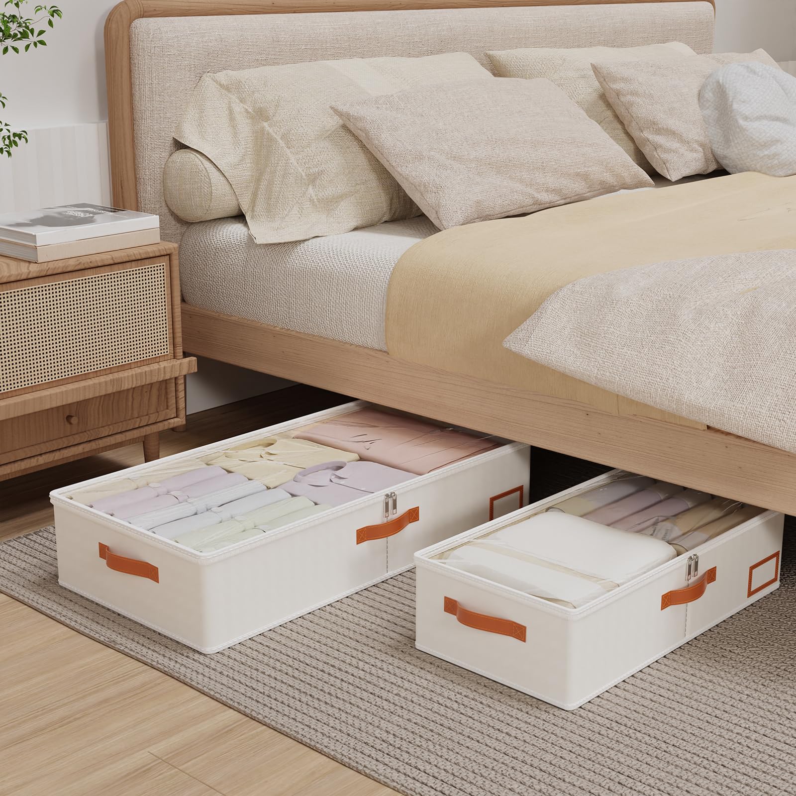 Yawinhe 3 Stück Unterbettkommode, Unterbett-Aufbewahrungstasche Kleideraufbewahrung, Faltbare Aufbewahrung Kleidung mit Klarem Fenster Für Bettdecken, Decken, Steppdecken, 60x30x15cm, Beige