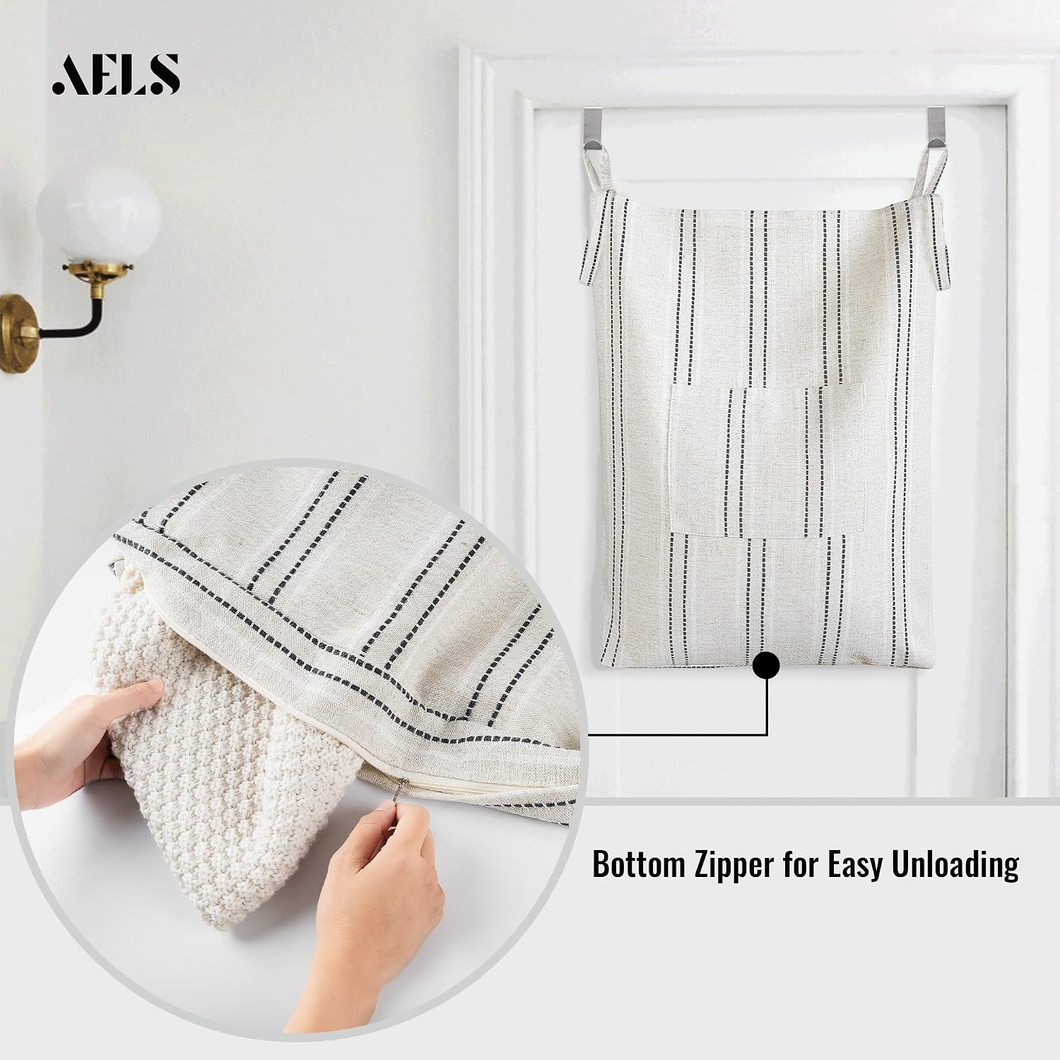 AELS Farmhouse Hanging Laundry Hamper with 2 Hooks, Boho Beige & Black Stripes Laundry Bag with Zipper & Wide Open Top, Over the Door Organizer for Dirty Clothes, Washable Space Saving Storage image 2