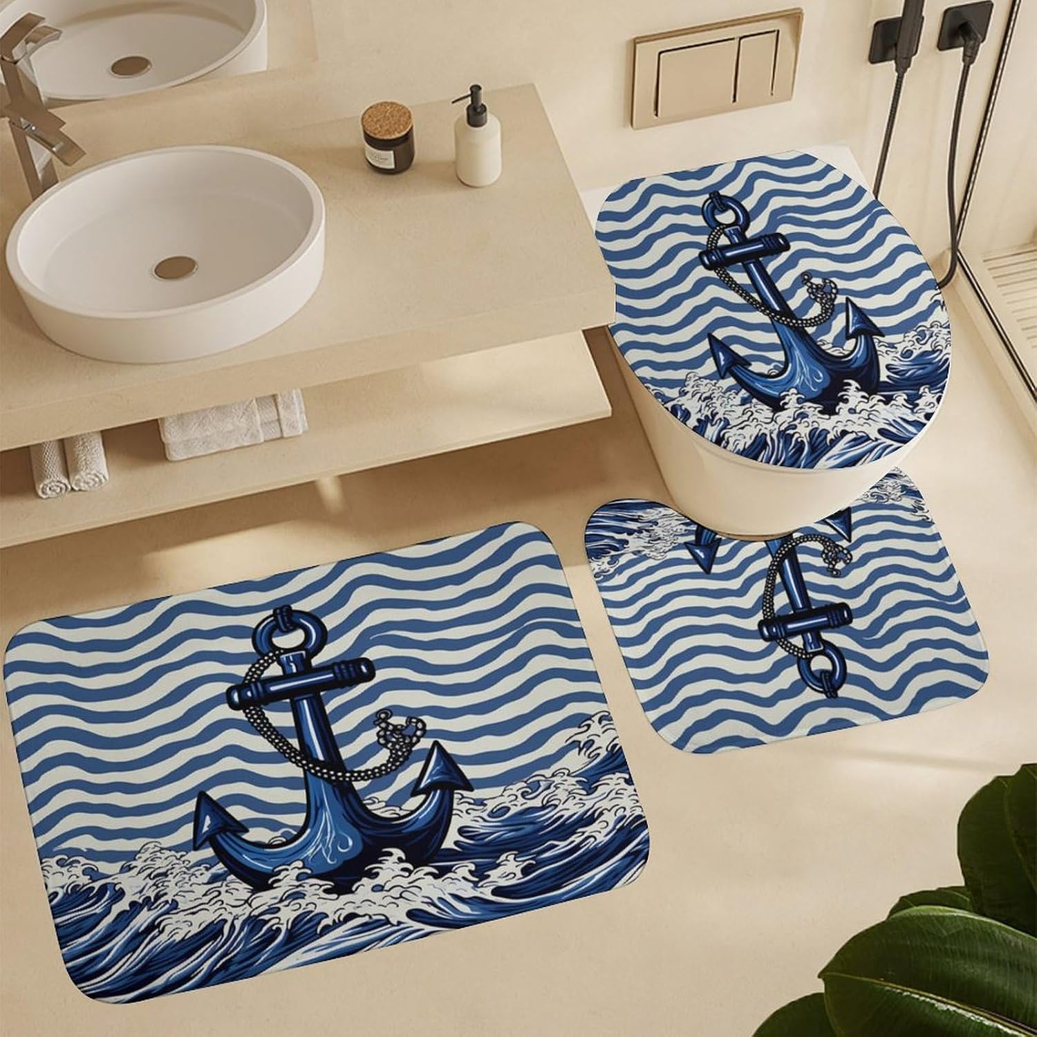 Anchor, Shower Curtain Sets with Rugs 4 Piece, Decor for Bathroom Toilet Bathroom Mat,3D Print,Nautical Theme Navy Blue Corrugated Waves Polyester Fabric 4 Pcs Set