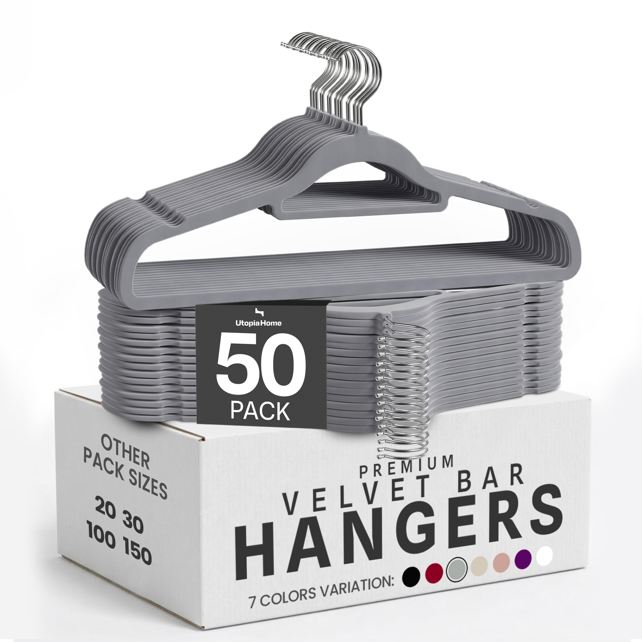 Utopia Home Pack of 50 Velvet Suit Hangers with Tie Bar - Heavy Duty Non-Slip Premium Hangers for Adult Clothes - 360 Degree Swivel Hook, Grey