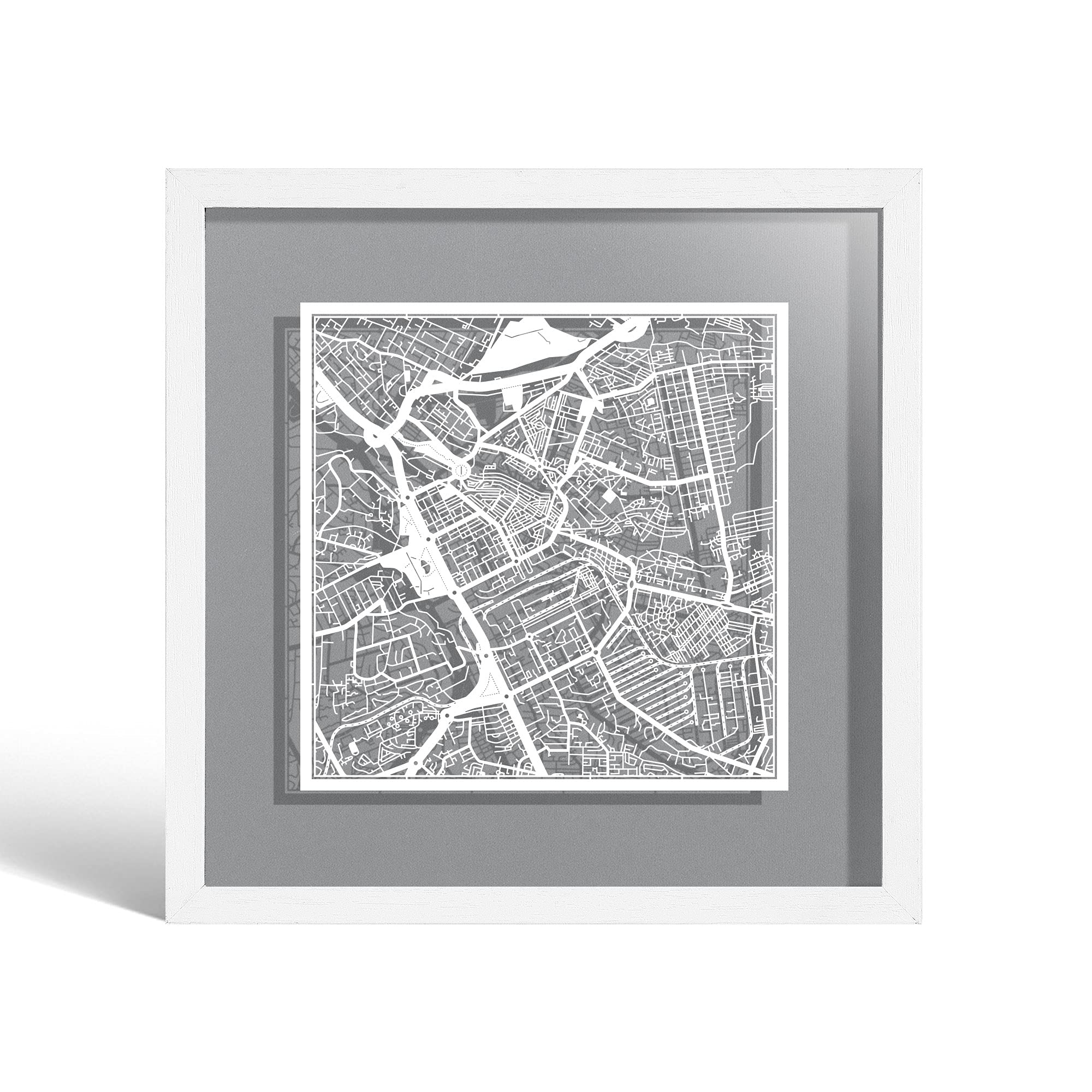O3 DESIGN STUDIO Nairobi Paper Cut Map framed, White map, White frame, 23x23 cm, Gift Boxed, 4 background color, self-changing, Paper Art