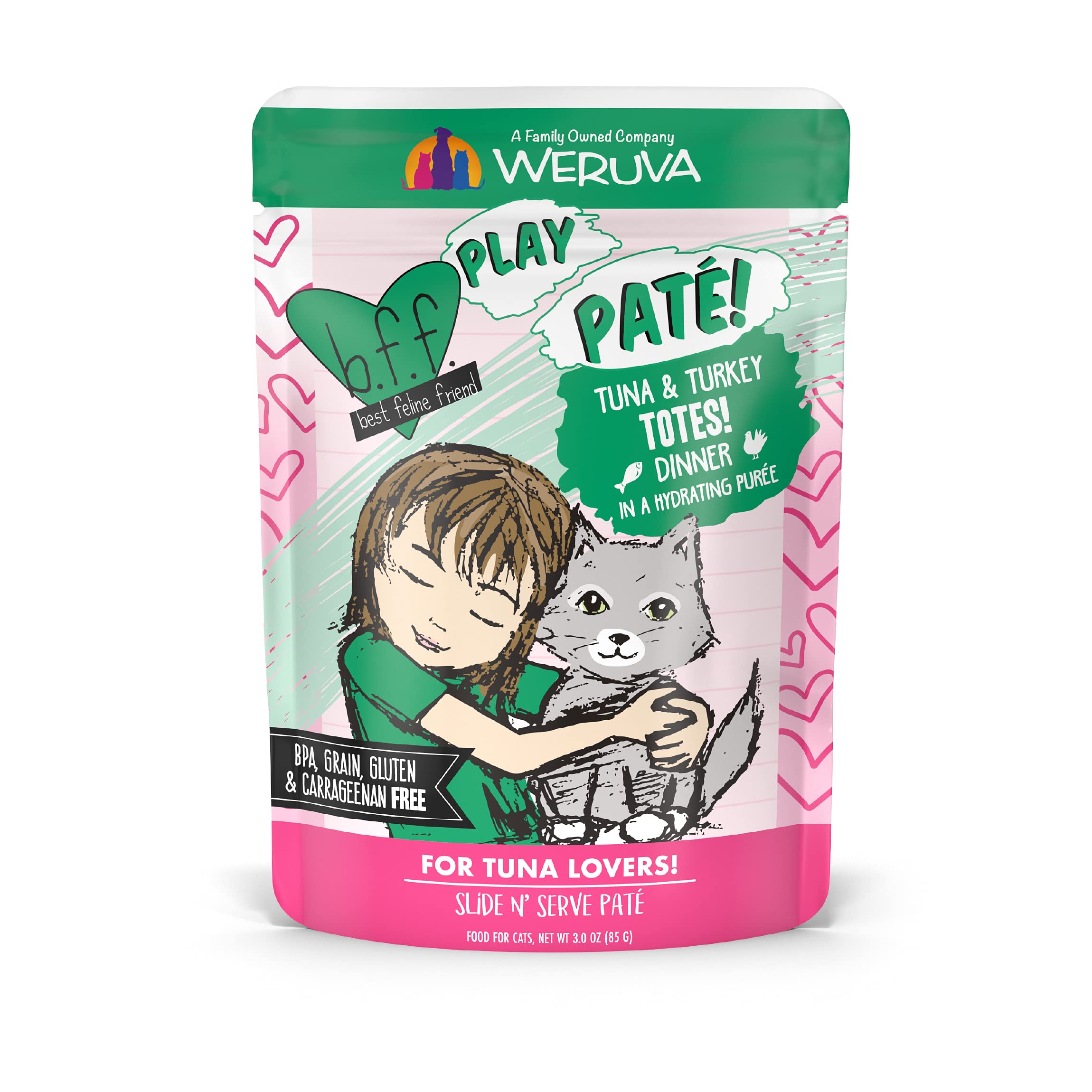 Weruva B.F.F. Play - Best Feline Friend Paté Lovers, Aw Yeah!, Tuna & Turkey Totes! with Tuna & Turkey, 3oz Pouch (Pack of 12)