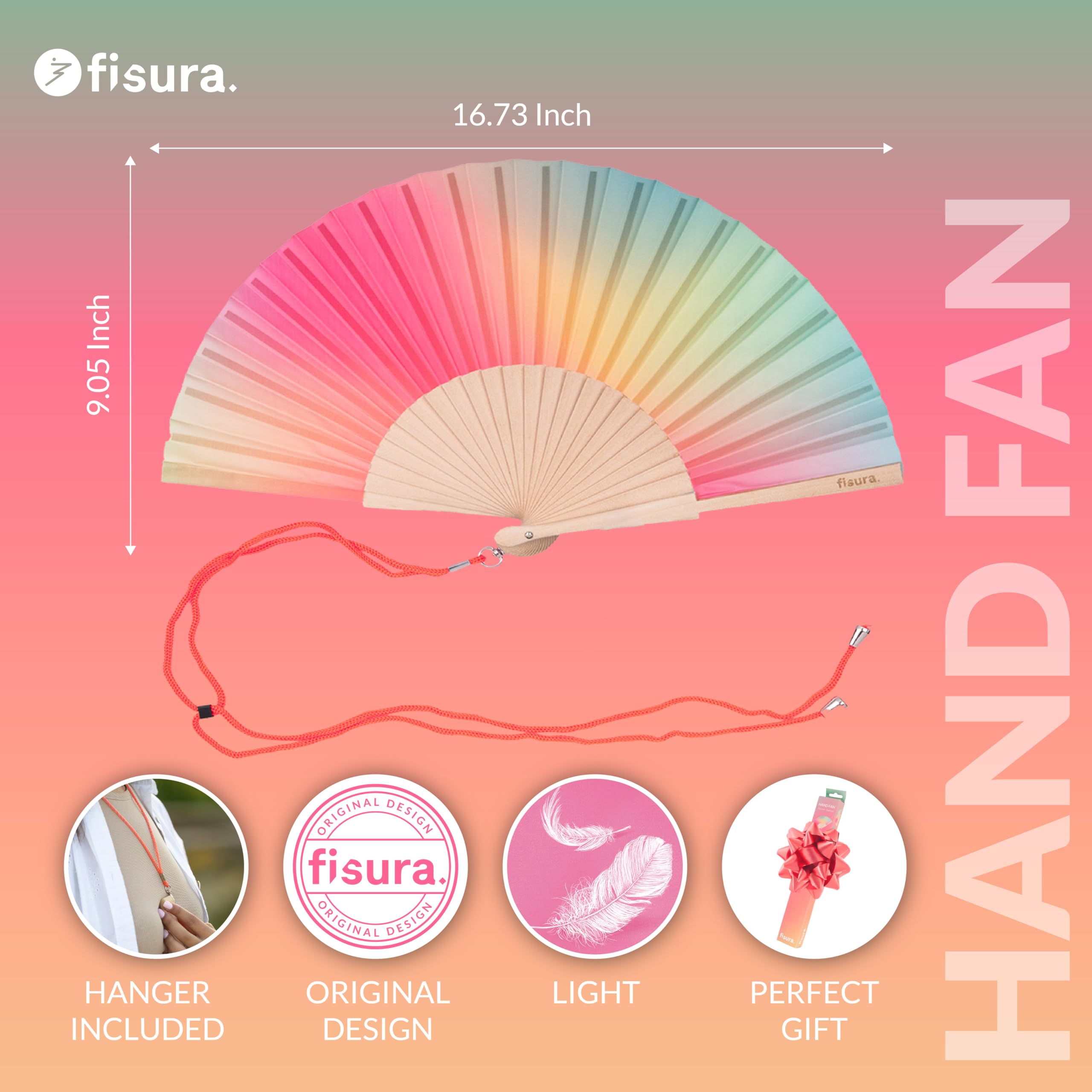 Fisura, Original Folding Fan, Modern and Colourful Wooden Fan, Gradient Pink and Green Handheld Fan - Image 2