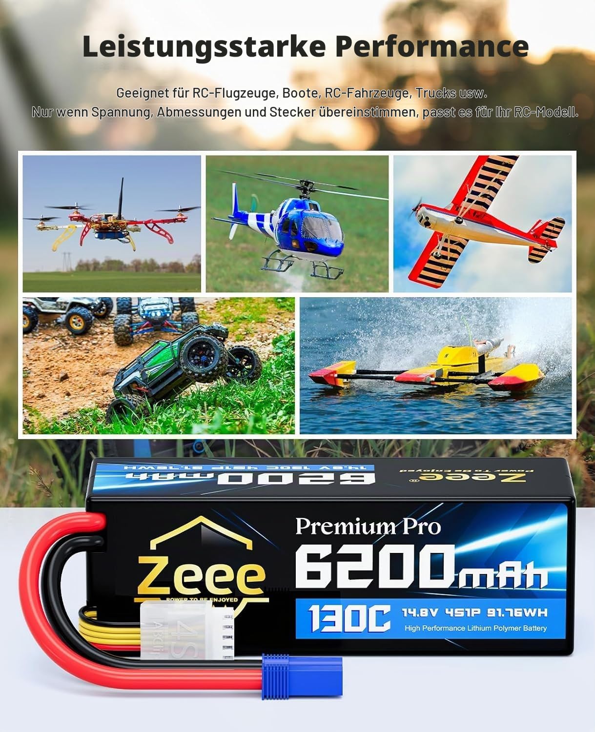 Zeee 4S Lipo 6200mAh 14,8V 130C Premium Pro RC-Akku mit EC5 Stecker(2 STK)