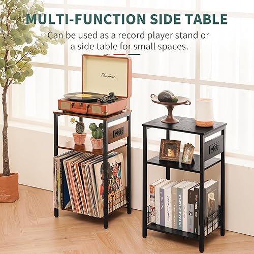 Miniatura 8 de Yoobure Soporte para tocadiscos, mesa auxiliar de 3 niveles con estación de carga, mesita de noche pequeña para almacenamiento de vinilo, mesita de