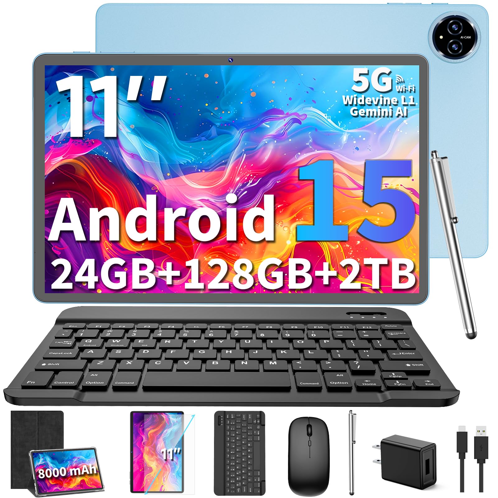 2026 Upgraded Android 15 Tablet, 11 inch Tablets with Keyboard, 24GB+128GB+2TB Expand, Octa-Core, 8000mAh, Gemini AI, 5G/2.4G WiFi, BT5.0, GMS, GPS, 2 in 1 Tablets with Case, Mouse, Stylus(Black)