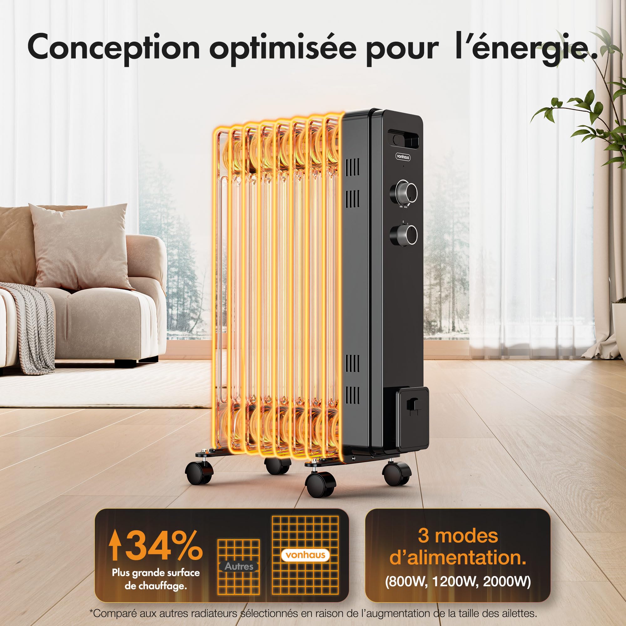VonHaus Radiateur Bain d'Huile 9 Ailettes, Chauffage Bain d’Huile Électrique Portatif 2000 W, Radiateur Noir, Thermostat Réglable, 3 Réglages de Chauffage, 4 Roulettes, Câble d'Alimentation de 1,5 m
