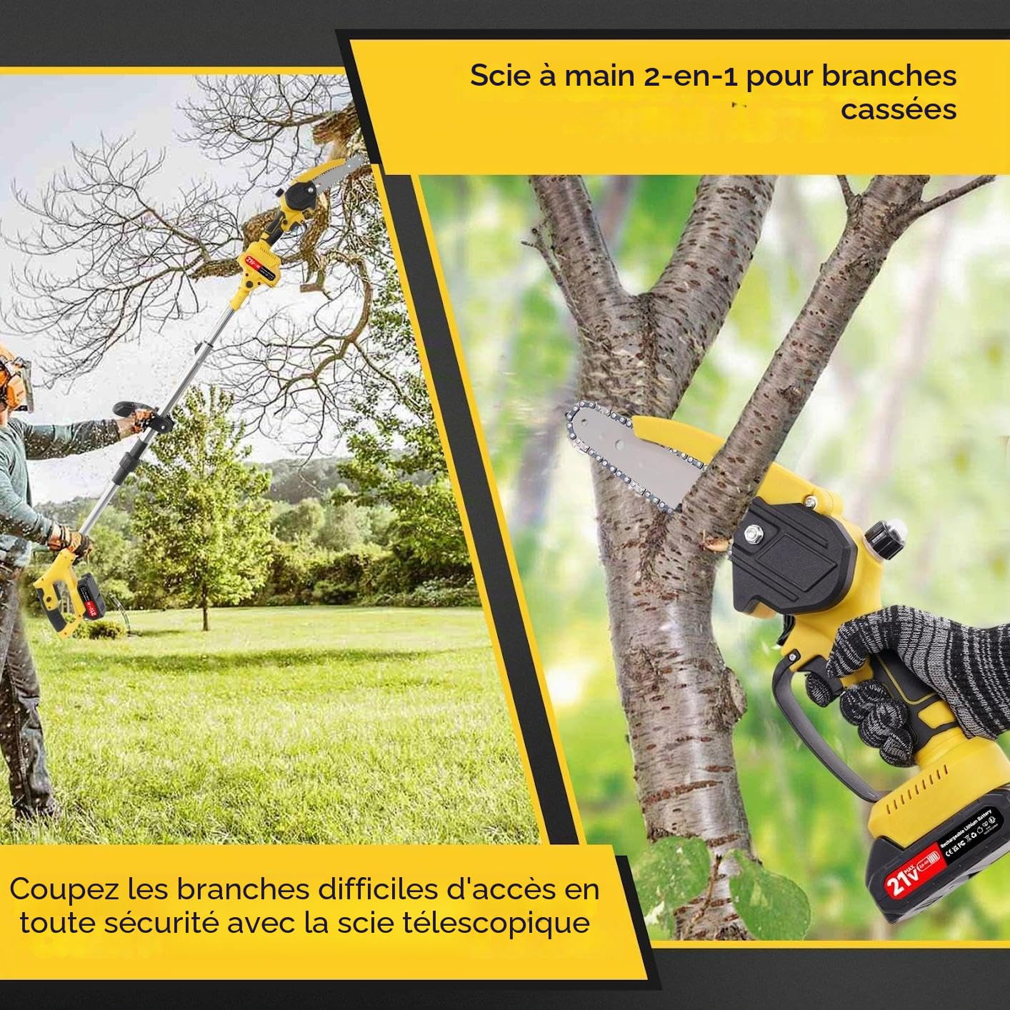 Élagueuse sur perche sans fil avec 2 batteries de 2000mAh scie à branches professionnelle | Tronçonneuse électrique avec perche télescopique 1,52-1,72m pour la coupe des branches de jardin