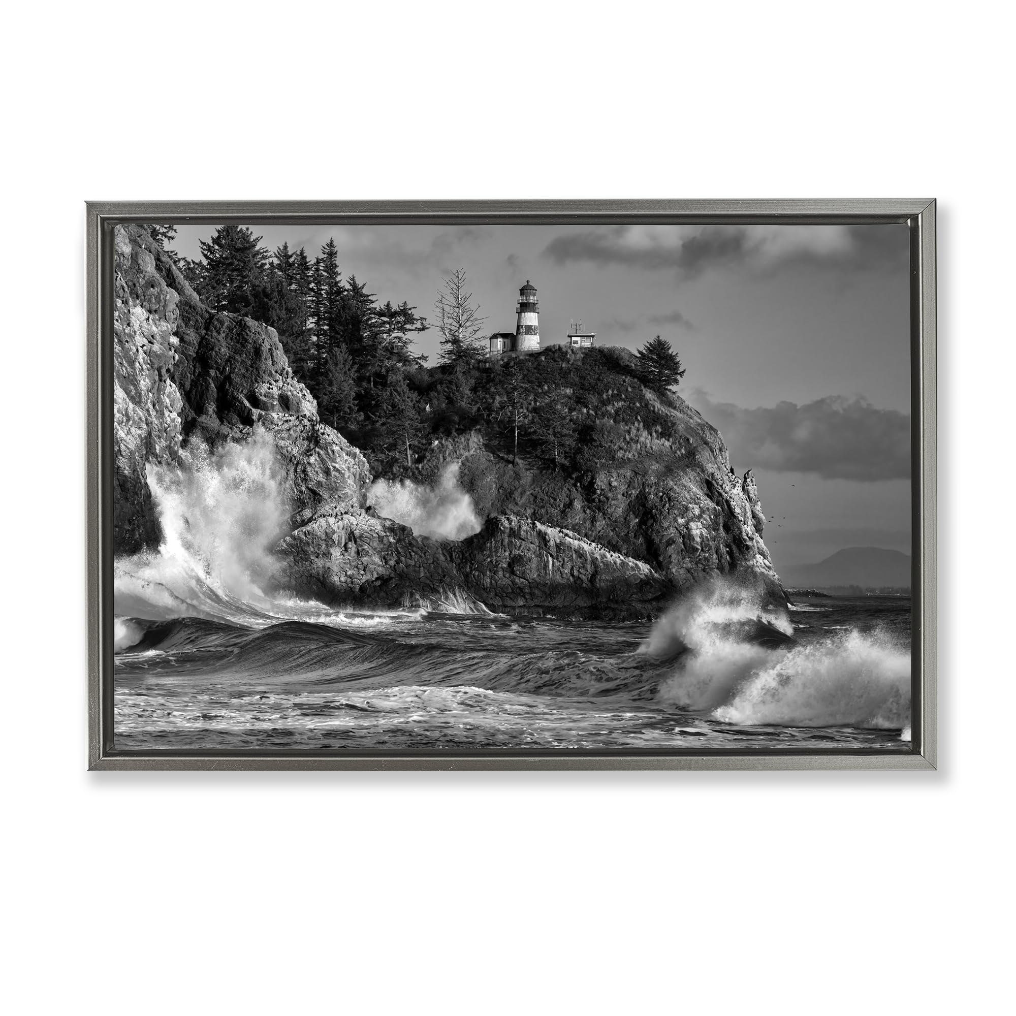 Stupell Industries Nautical Lighthouse Over Stormy Cape Coast, Greyscale Ocean Waves and Cliffside Trees, 20 x 30 Inch Gallery Wrapped Canvas Wall Art in Floater Frame, by Rick Berk, Made in USA Gift