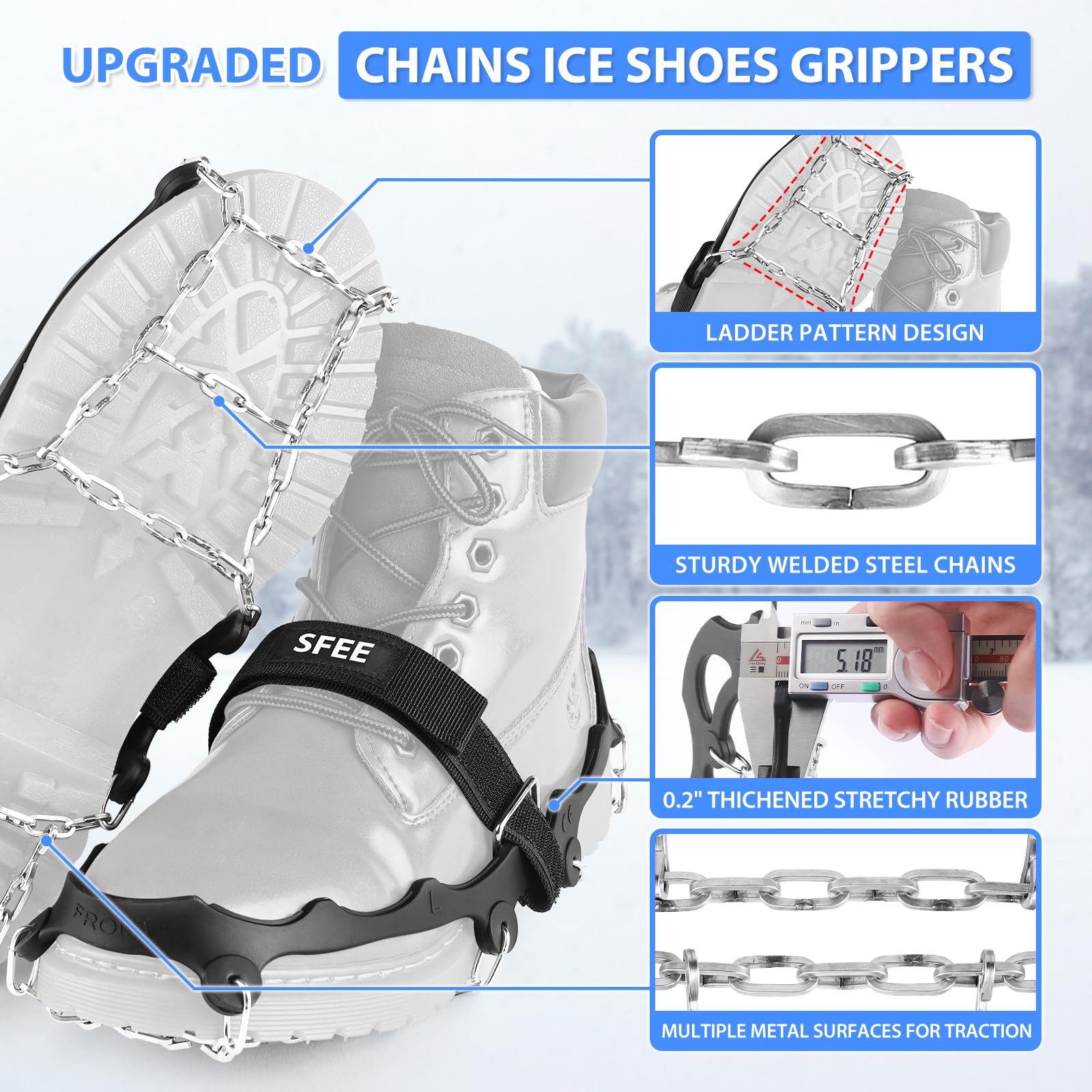 Sfee Crampones - Tacos de hielo para zapatos y botas, cadenas de acero inoxidable, pinzas de hielo para zapatos y botas, tacos de agarre antideslizantes, tacos de tracción para nieve y hielo
