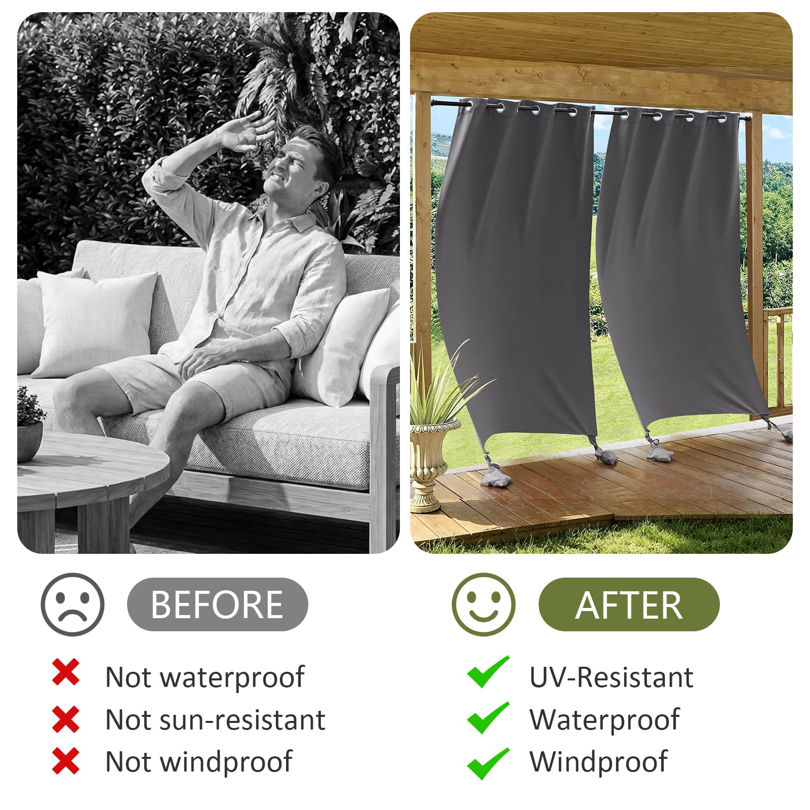 Outdoor Vorhang Wetterfest, Outdoorvorhänge mit Ösen und Gewichteten Säcken, für Pavillon Terrasse Pergola Balkon Garten, 2er Set, B 132 x H 243cm (Dunkelgrau)