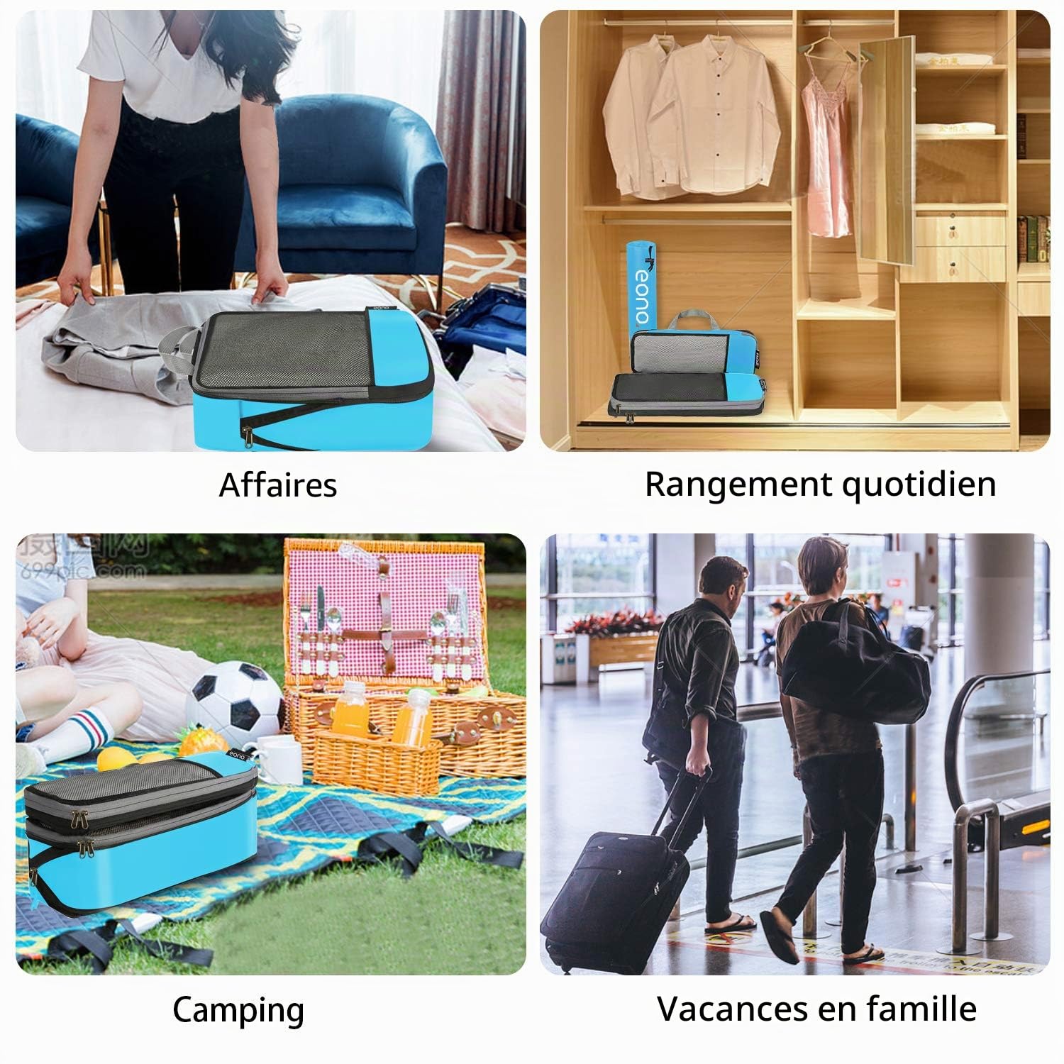 Eono Lot de 3/4/6 Organiseurs de Bagage Bagage Sac Compression pour Voyage Maquillqage Vêtement Sac Organisateur Rangement de Valise Compression Packing Cubes