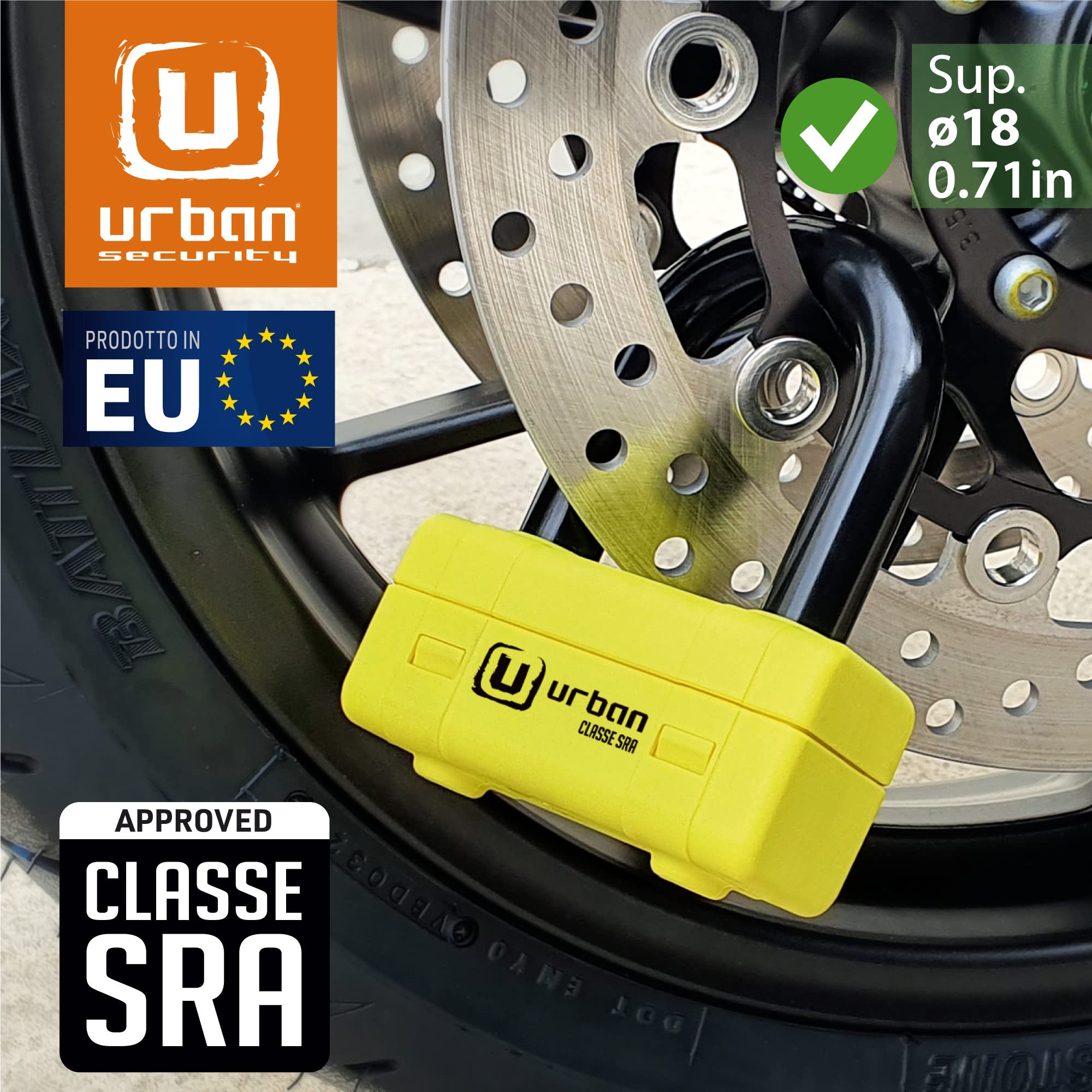 URBAN UR75 Antifurto Bloccadisco Moto Mini U Testato Massima Sicurezza, Omologato SRA, Arco in Acciaio Cementato ø18 con Doppia Chiusura, Più Versatile e Deterrente, Cavo Promemoria, Lucchetto Moto