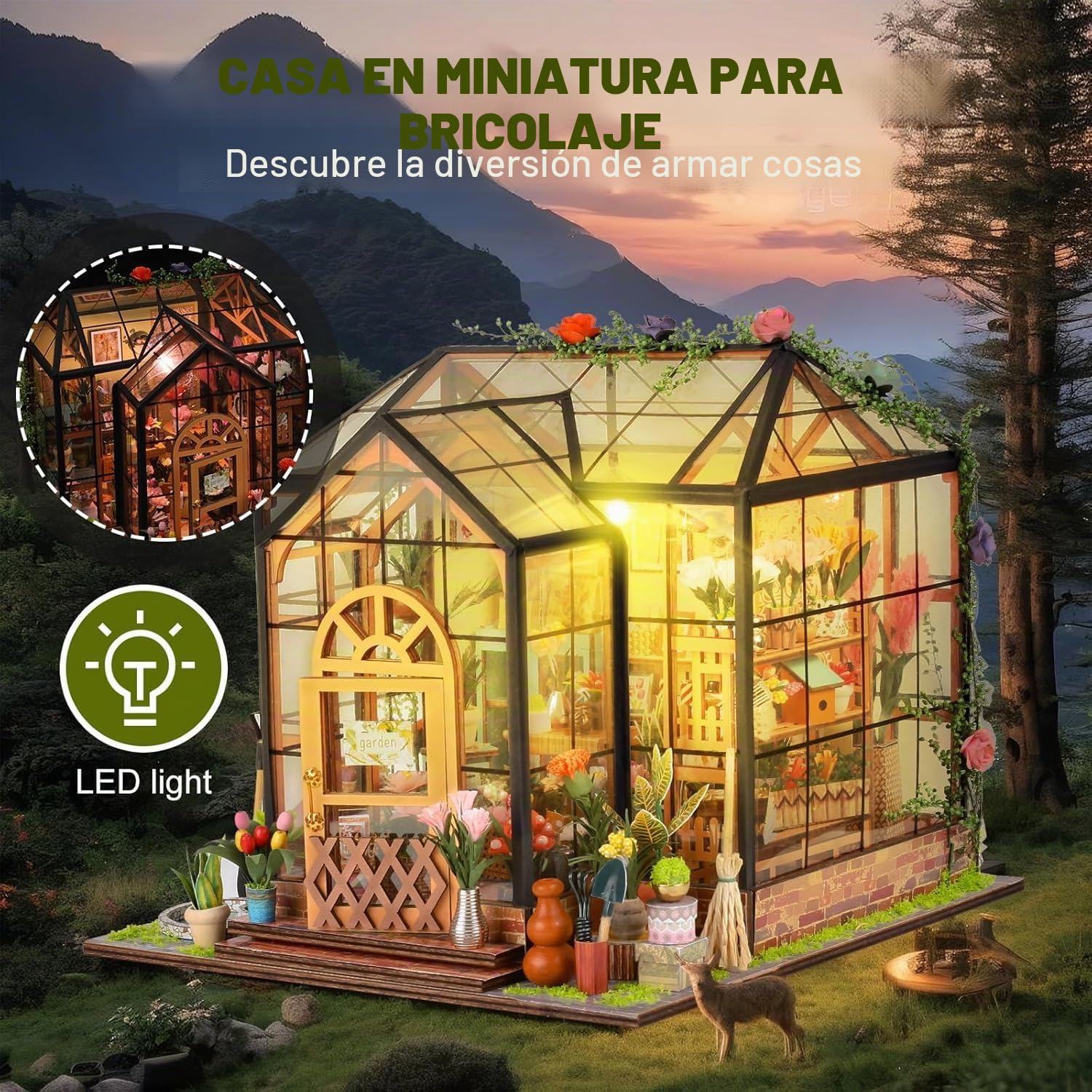 Casa de muñecas en Miniatura DIY con Muebles: Kits de Cocina de Invernadero de Madera con luz, Rompecabezas 3D Mini Modelo de casa de Madera Muebles en Miniatura Diorama Regalos de cumpleaños para | Rompecabezas 3D Mini Modelo con Muebles – Diorama – Rega