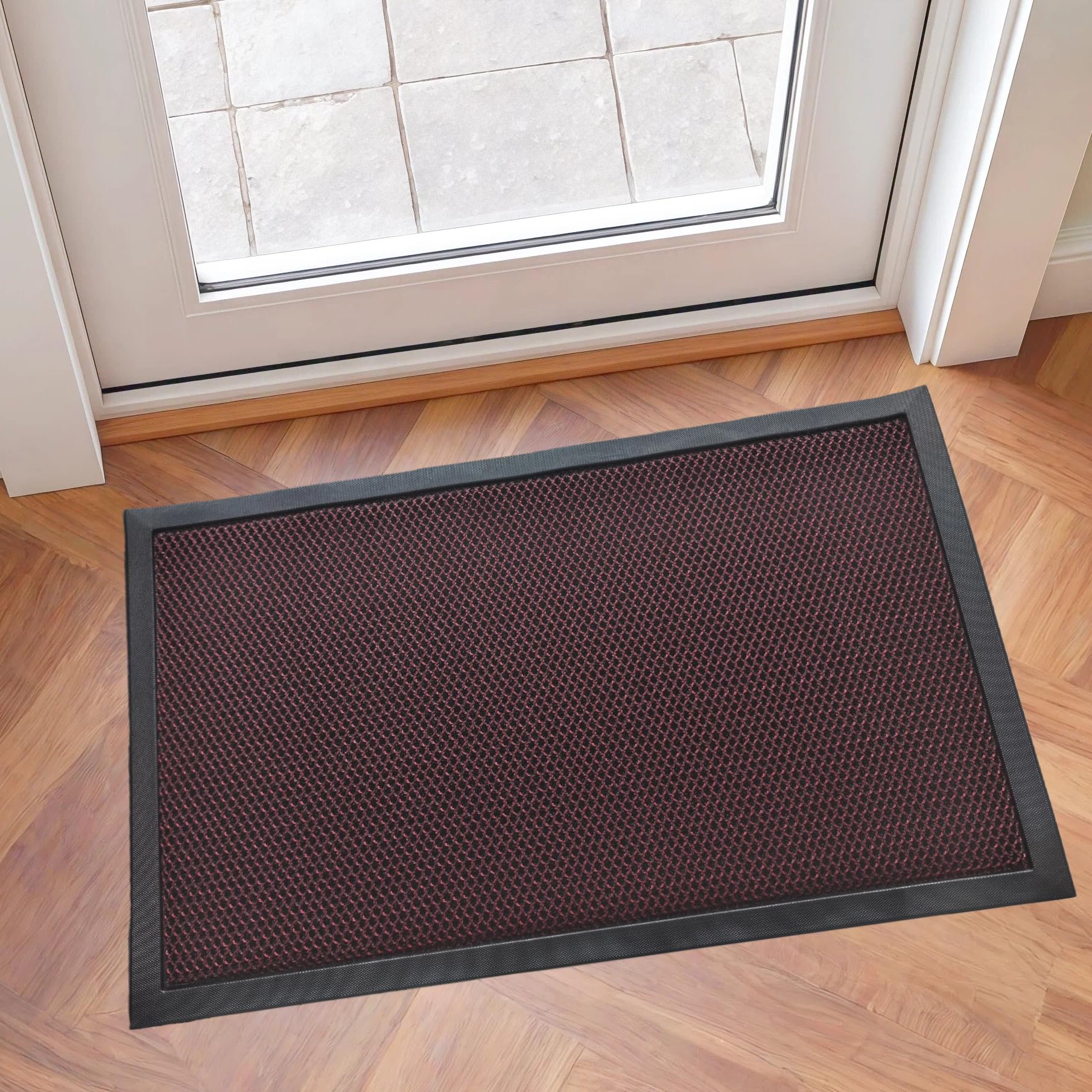 Dasenvo Indoor Outdoor Door Mat for Front Door and Patio, Non Slip Waterproof Entrance Mat, Durable Low Profile Design, Easy to Clean (Dark Red+Black, 17.7 * 29.5Inch)