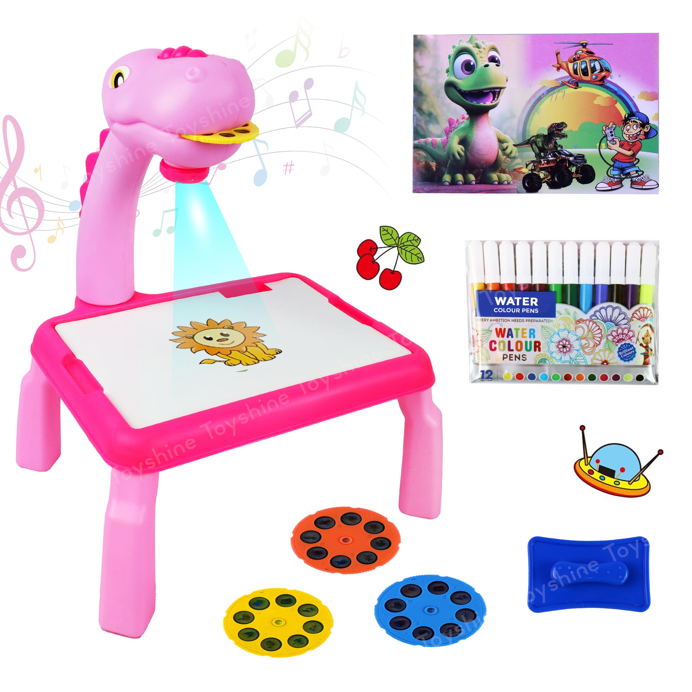 Toyshine Dino Theme Smart Projection Drawing Board with Music Include Art Supplies Doodle Table Kit | Trace and Draw Projector Toy for Kids Age 3+ (Pink)