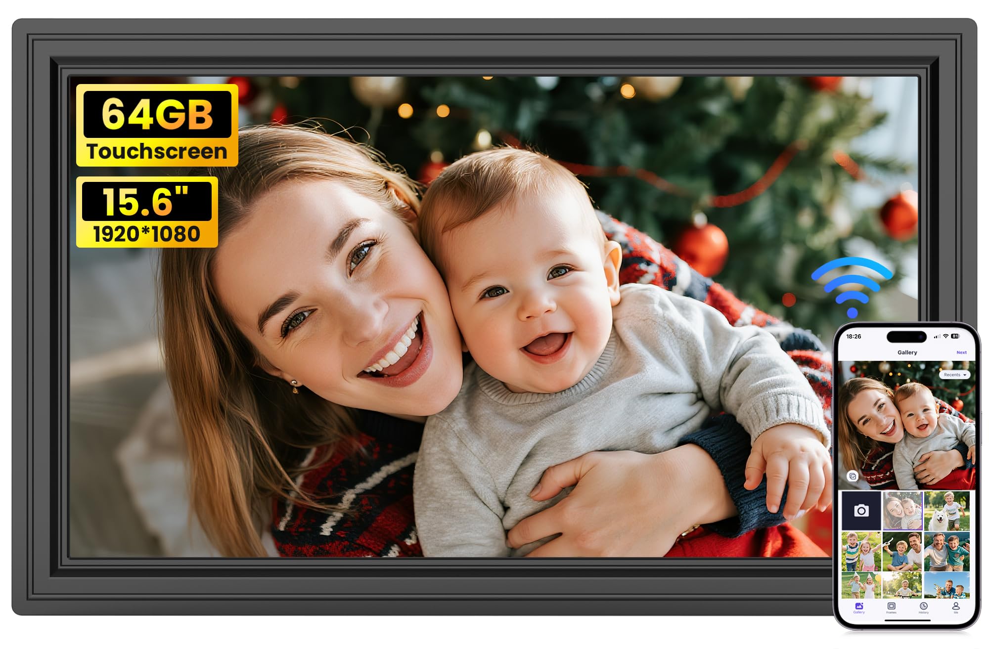 64GB Uhale 15.6인치 디지털 액자, 대형 Wi-Fi 전자 사진 프레임 1920 x 1080 IPS FHD 터치 스크린, 어디서나 사진 및 비디오 공유, SD/USB 지원, 부모와 조부모를 위한 최고의 선물