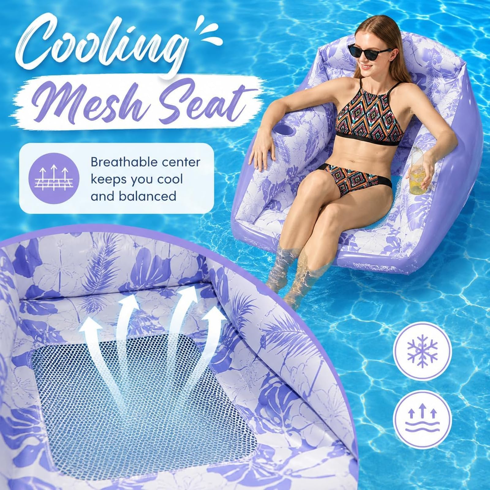 Fauteuil Gonflable de Piscine 3 en 1 avec Porte-gobelet, canapé Flottant Adulte, siège Filet rafraîchissant pour Plage lac fête été