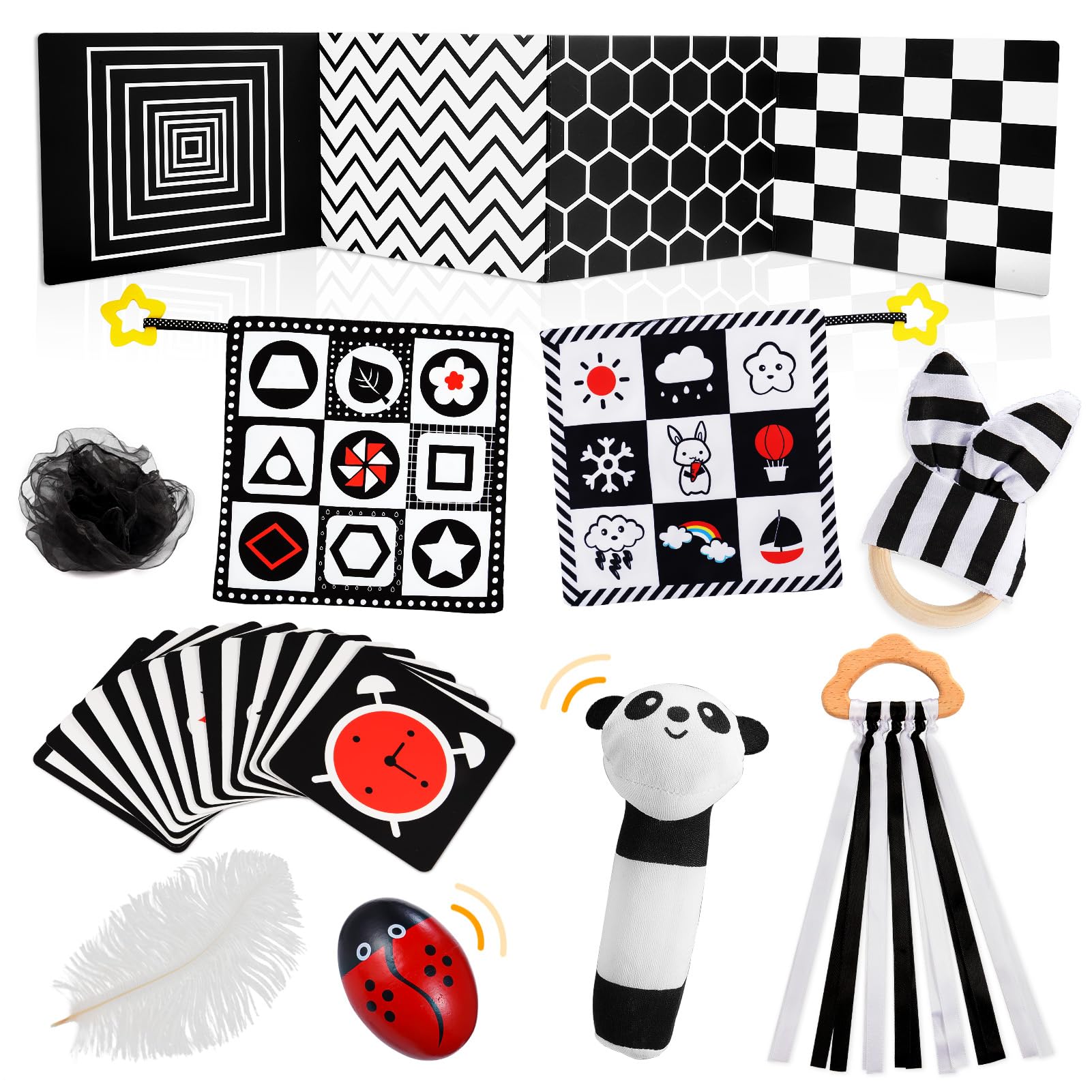HappyKidsClub Jouet Bebe 0-12 Mois, Livre Carte Montessori Sensoriel en Tissu Noir et Blanc Bebe Cadeau Naissance Fille Garcon Jouets d'éveil Jeux Bebe