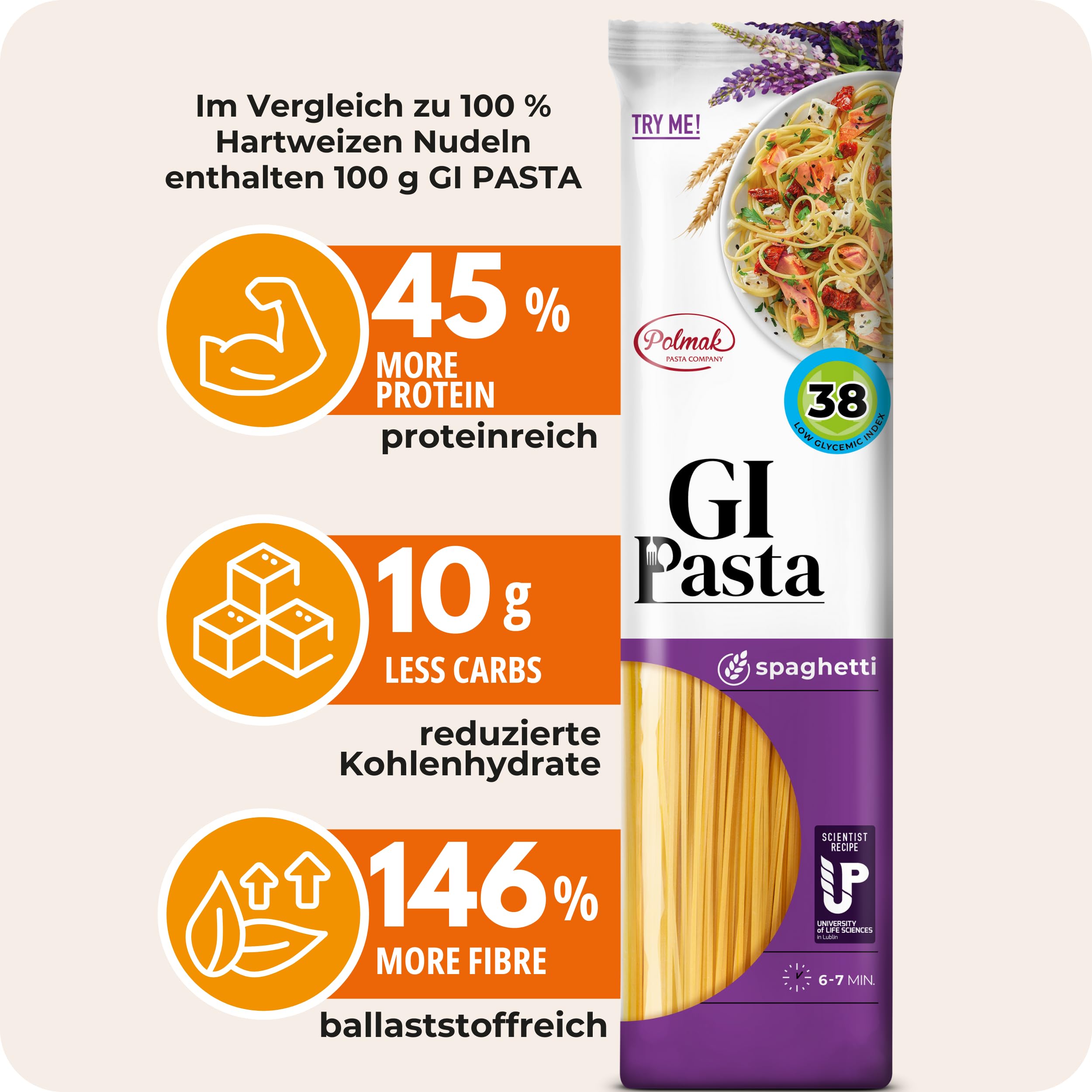 Spaghetti Nudeln für Diabetiker & Low Carb | Hergestellt aus Hartweizen | Low-Carb-Diät | Glykämischer Index 38 (6er pack)