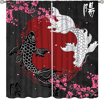 Black and White Fish Curtain, Chinese Japanese Yin Yang Anime Cherry Blossom Floral Red Sun Asian Plum Blossom Window Treatments for Bedroom Kitchen Living Room Drapes 42x54 Inch