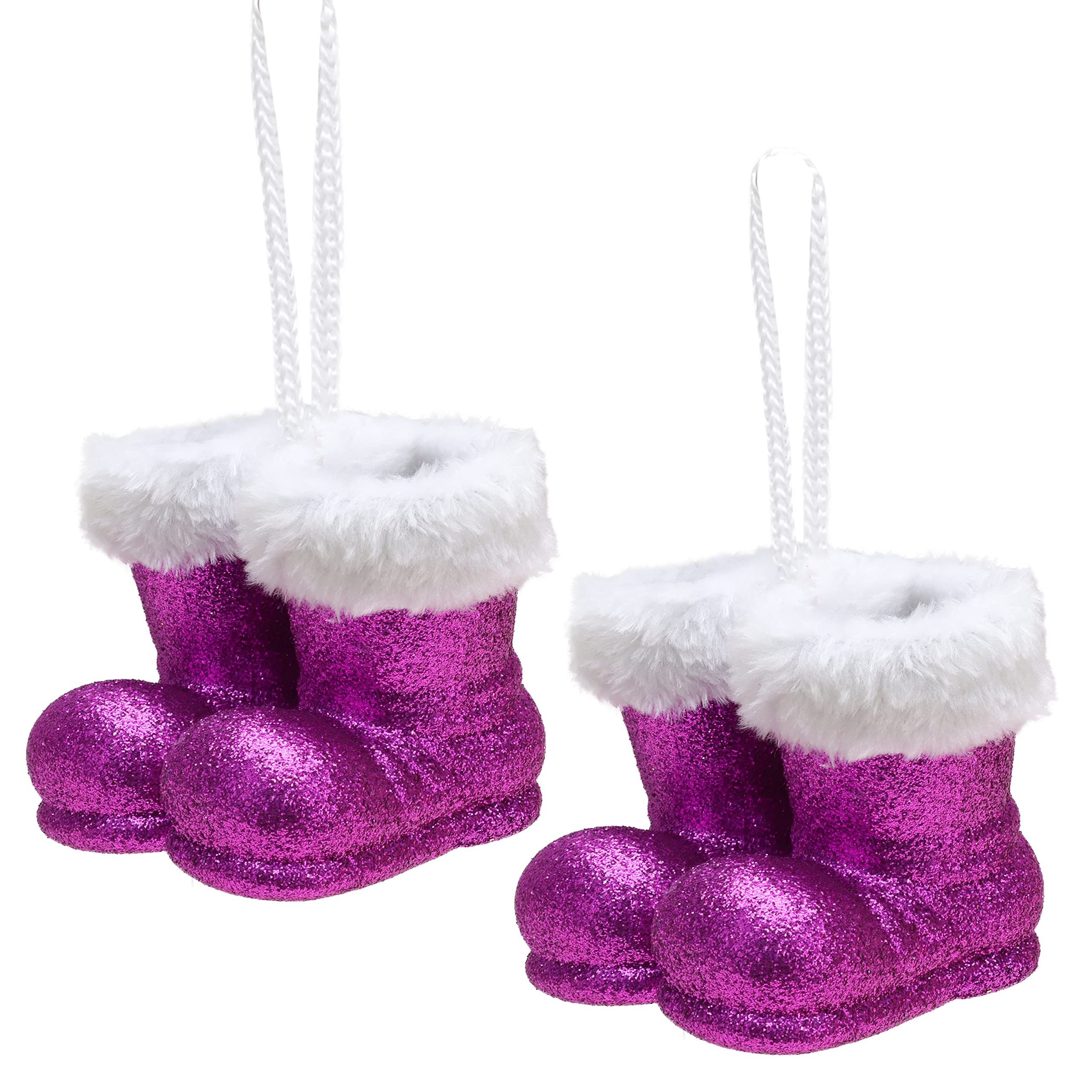 Christmas Concepts Purple Christmas Concepts® Pack Of 2–100Mm (4") Glitter Hanging Santa Boots With White Fur Trim – Christmas Tree Trims/Baubles (Purple)