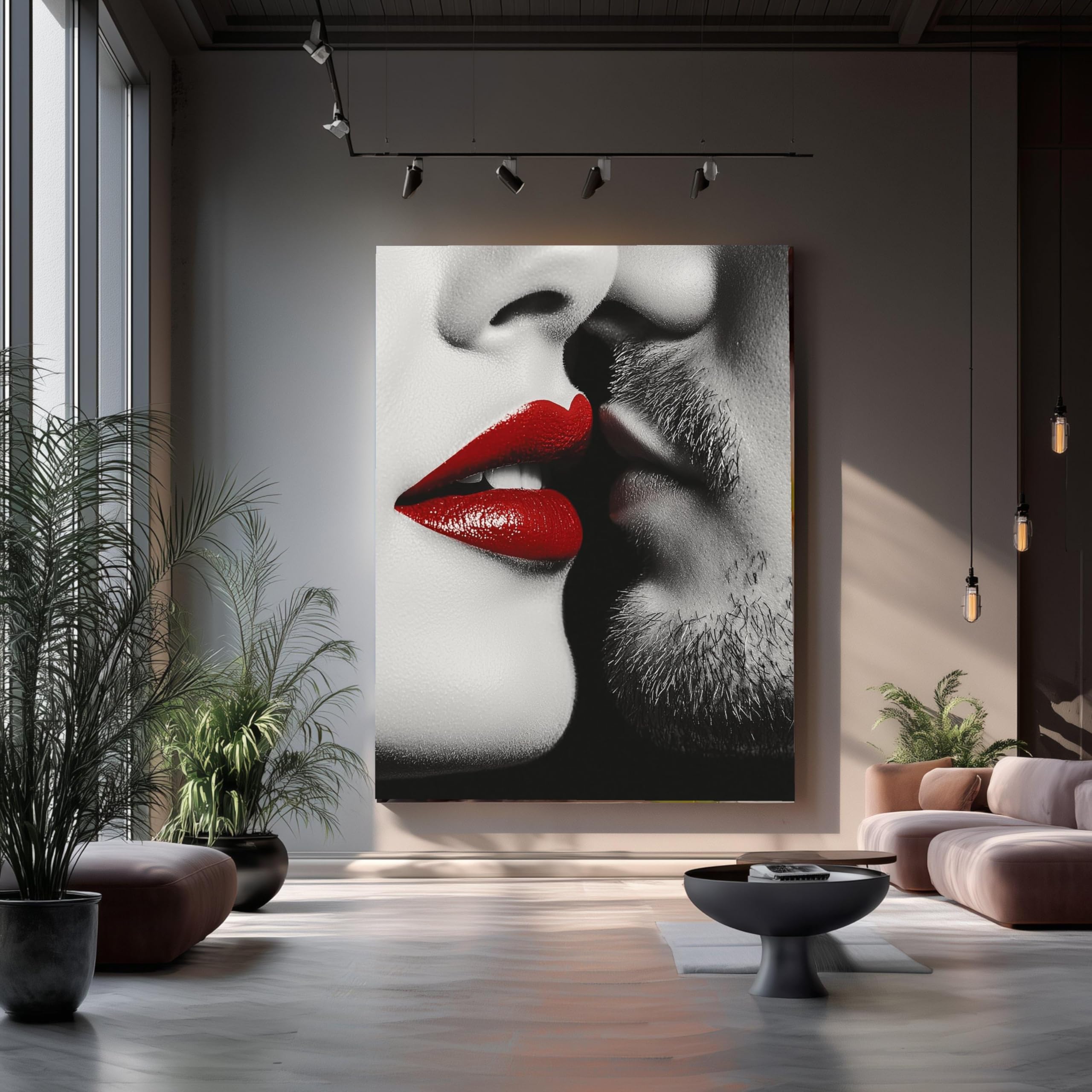 Tableau sur toile représentant un couple en gros plan, affiches et impressions aux lèvres rouges, portrait en noir et blanc, œuvre d'art moderne pour chambre à coucher (60 x 90 cm / cadre intérieur)