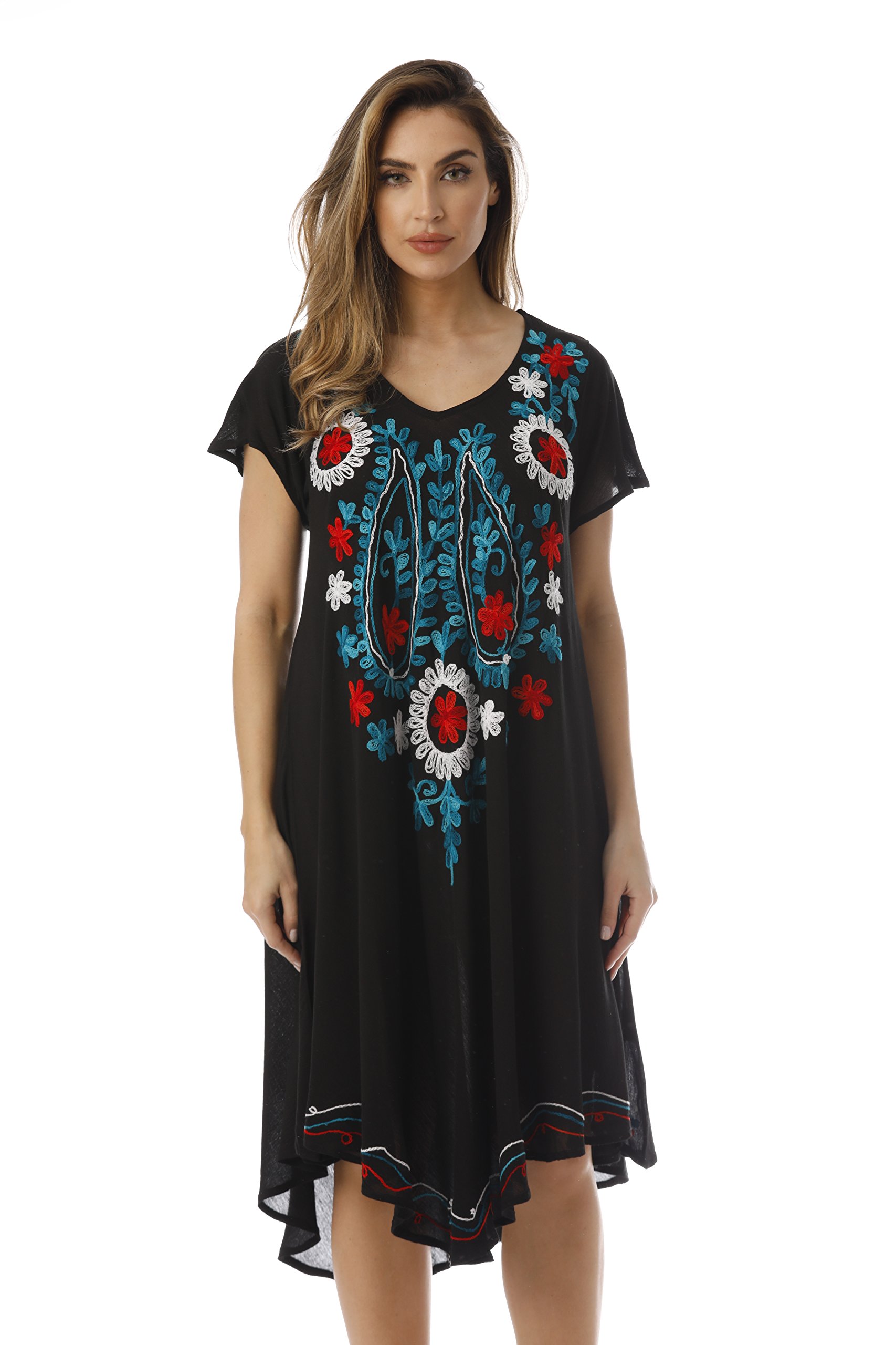 Riviera Sun Women's Rayon Crepe Short Dress | Multicolor Embroidery, Empire Waist, Flared Sleeves, Navy Medium - View #11