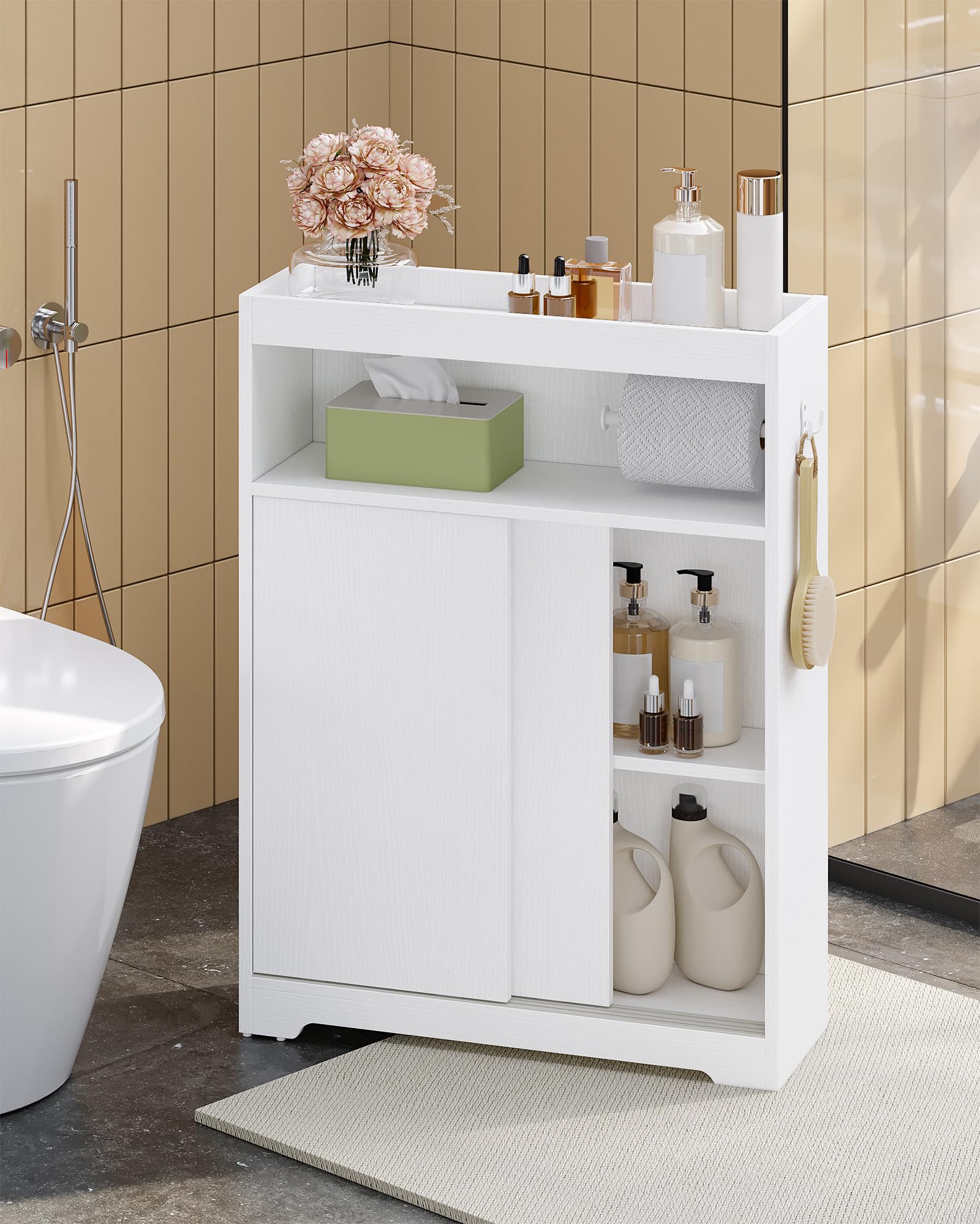 Hzuaneri Meuble de Salle de Bain, Meuble Toilette avec Rangement Papier Toilette et Crochets, Portes Coulissantes, Étagère Réglable, 20 x 60 x 80 cm, Blanc BC62813X