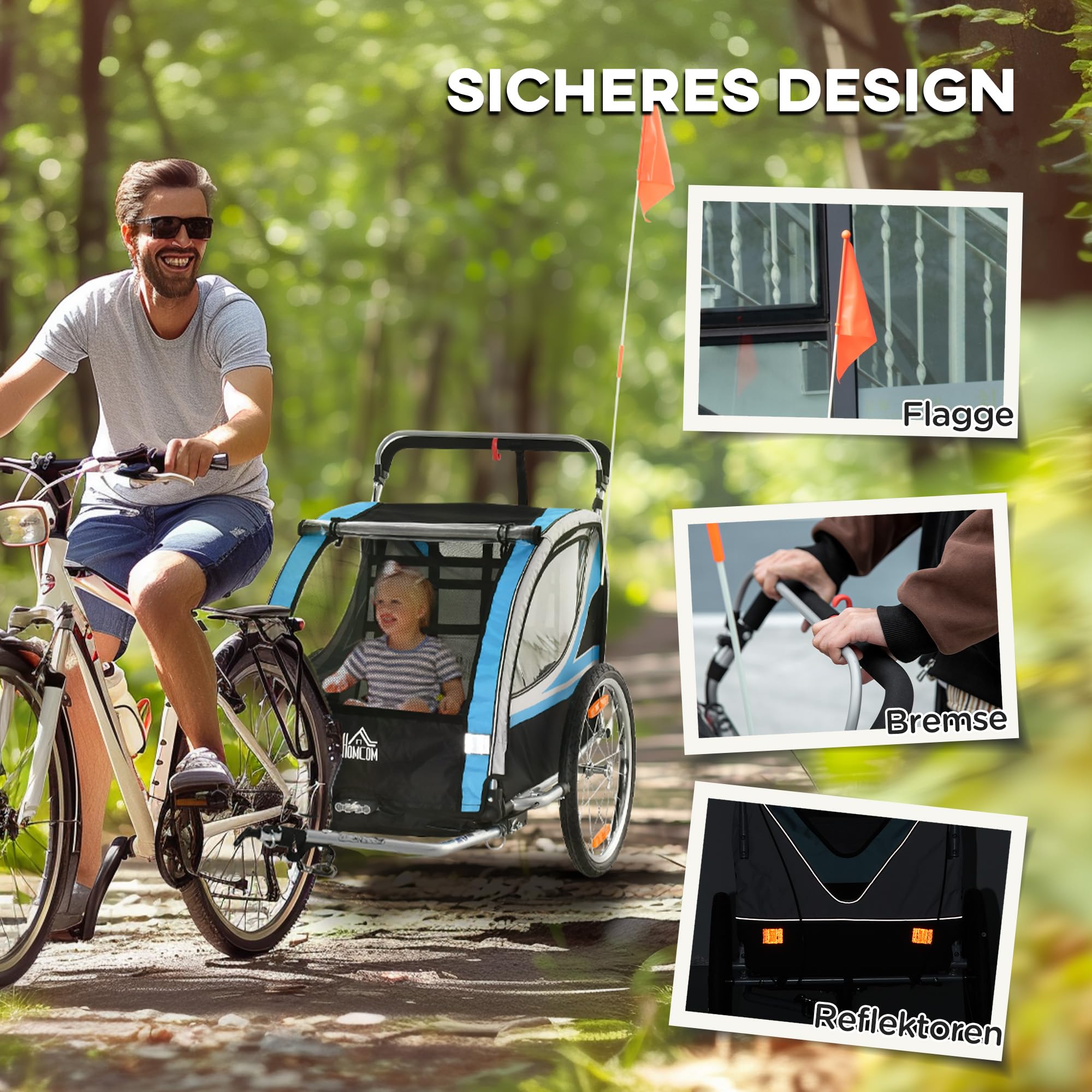 HOMCOM Remorque de vélo pour Enfants 2 en 1, 142 x 75 x 101 cm, Bleu+Noir